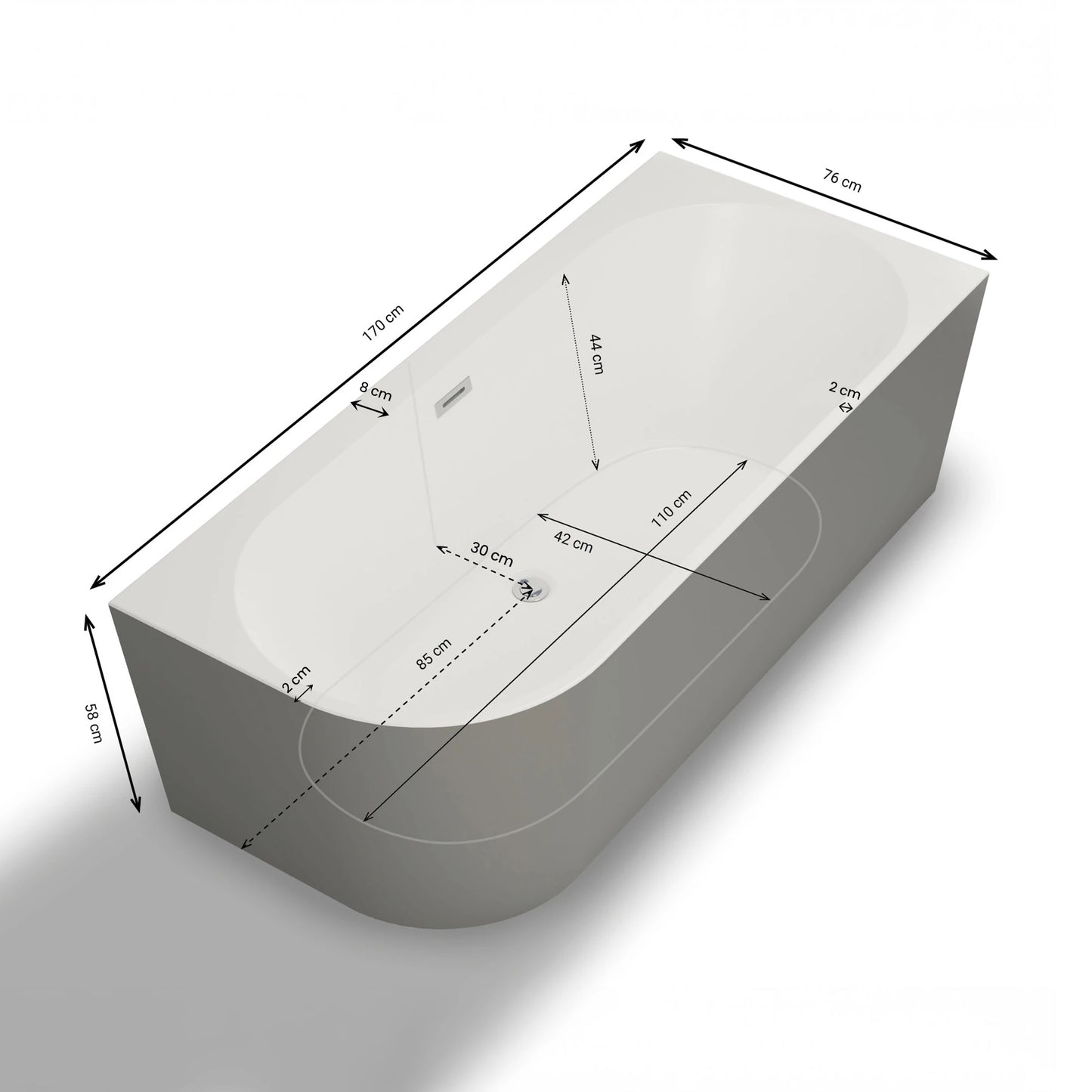 Baignoire semi-îlot murale d’angle Capri 170 cm grise Spalina version droite – vue produit