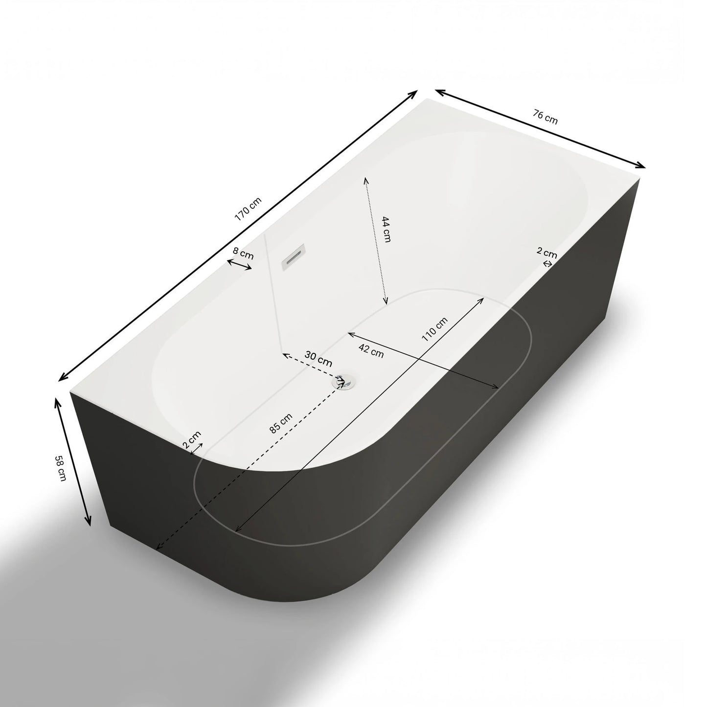 Baignoire semi-îlot murale d’angle Capri 170 cm noire Spalina version droite – vue produit