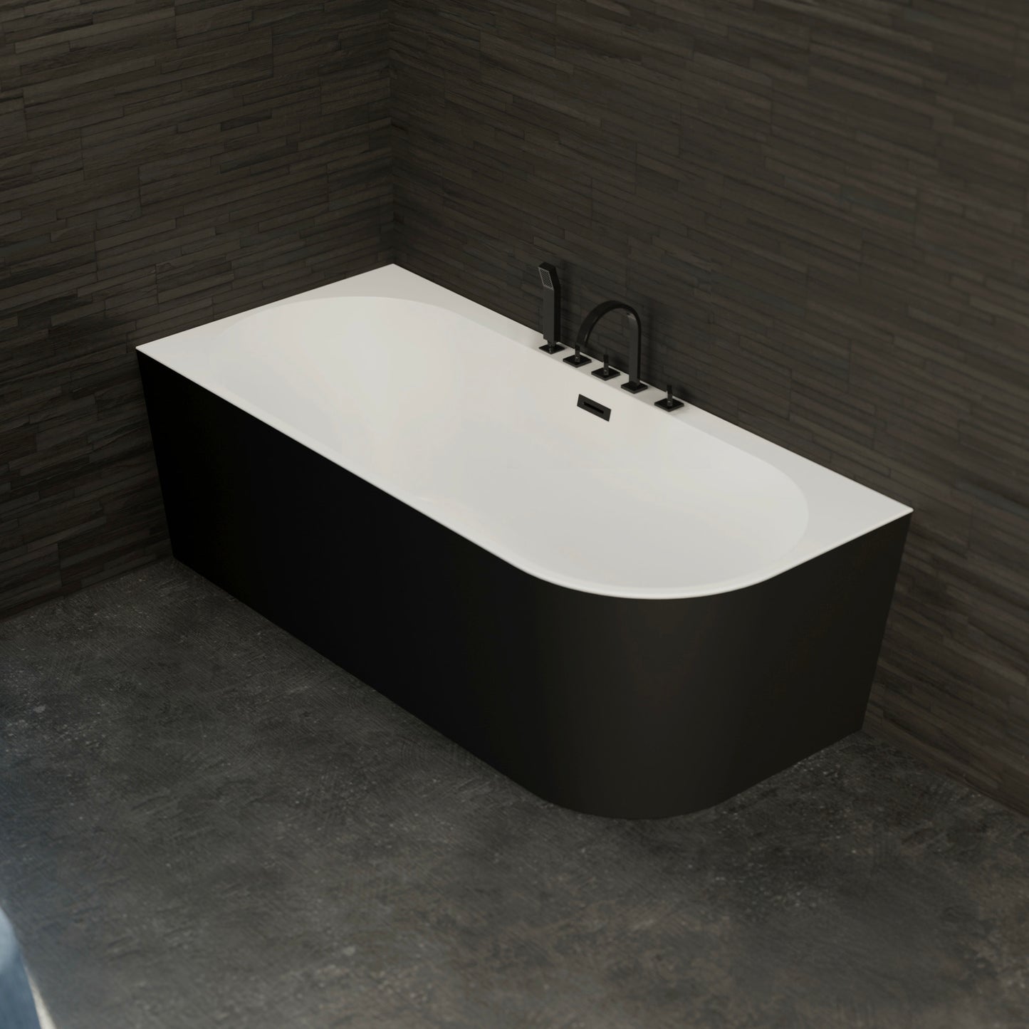 Baignoire semi-îlot gauche noire 170 cm Capri avec robinetterie noire mate / Corner half-freestanding bath left 170 cm Capri with matt black fittings / Bañera semi-exenta mural izquierda 170 cm Capri con grifería negro mate / Vasca freestanding a parete sinistra 170 cm Capri con rubinetteria nera opaca / Half vrijstaand bad links 170 cm Capri met matzwart fittingen