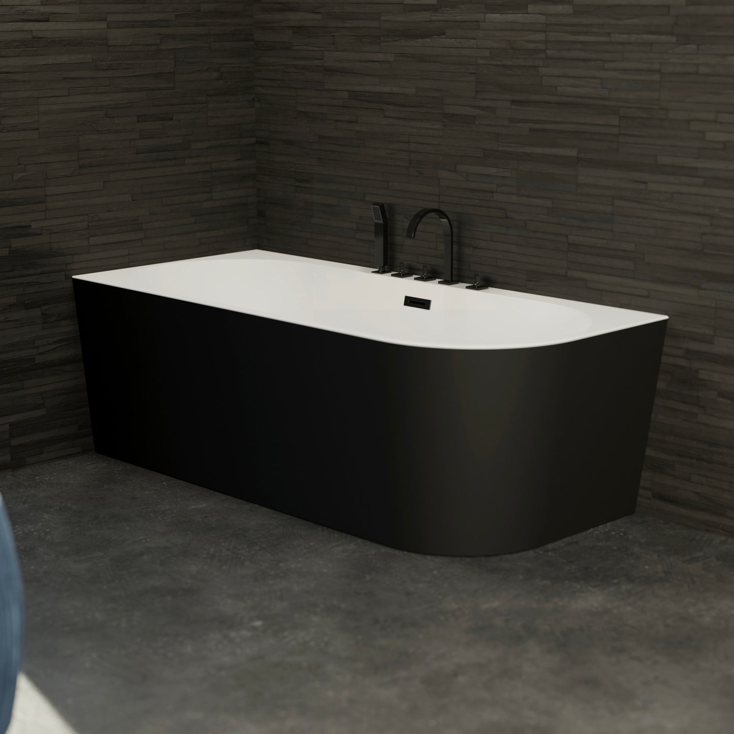 Baignoire semi-îlot gauche noire 170 cm Capri avec robinetterie noire mate / Corner half-freestanding bath left 170 cm Capri with matt black fittings / Bañera semi-exenta mural izquierda 170 cm Capri con grifería negro mate / Vasca freestanding a parete sinistra 170 cm Capri con rubinetteria nera opaca / Half vrijstaand bad links 170 cm Capri met matzwart fittingen
