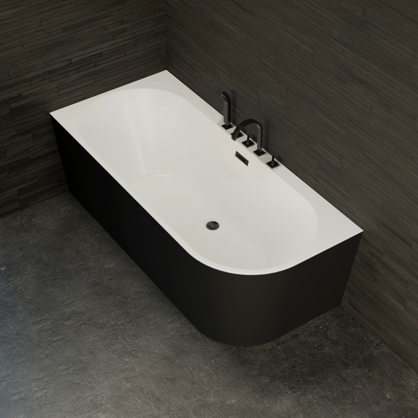 Baignoire semi-îlot gauche noire 170 cm Capri avec robinetterie noire mate / Corner half-freestanding bath left 170 cm Capri with matt black fittings / Bañera semi-exenta mural izquierda 170 cm Capri con grifería negro mate / Vasca freestanding a parete sinistra 170 cm Capri con rubinetteria nera opaca / Half vrijstaand bad links 170 cm Capri met matzwart fittingen
