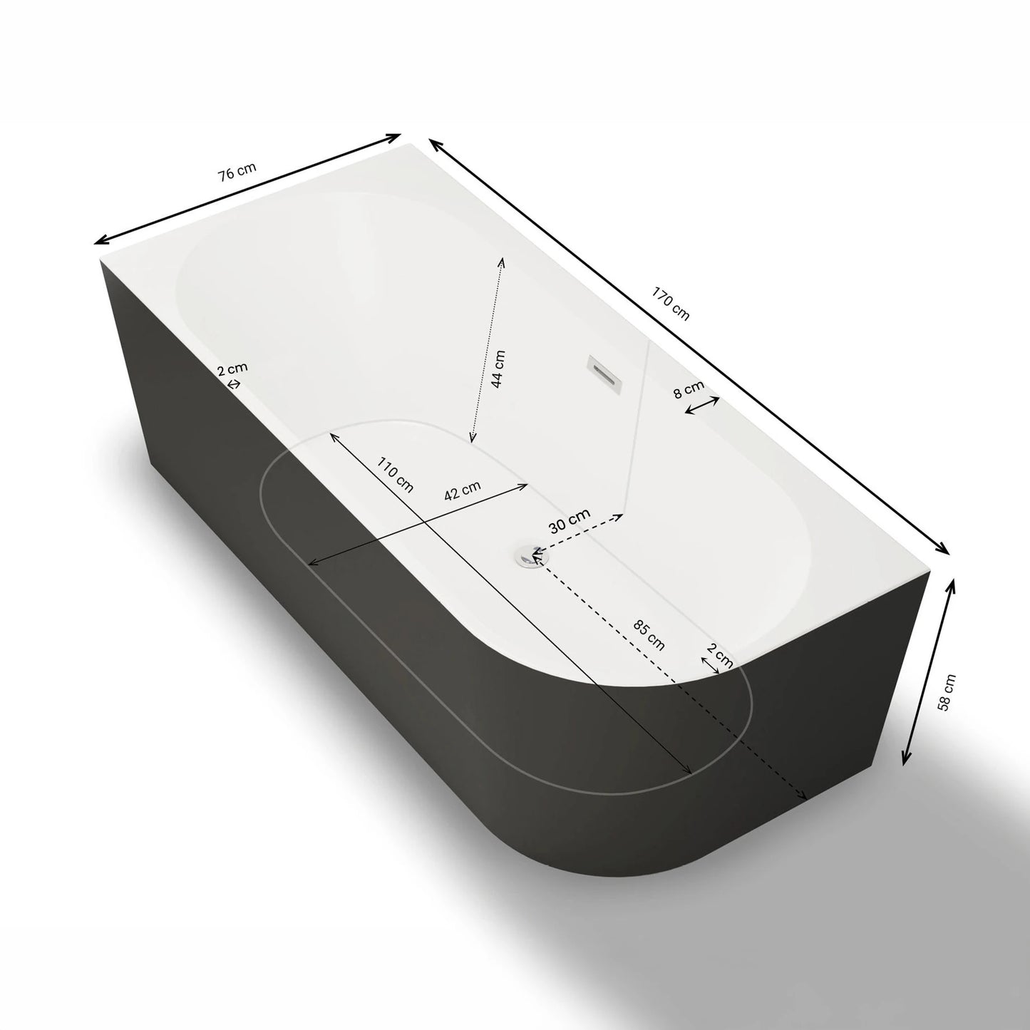 Baignoire semi-îlot murale d’angle Capri 170 cm noire Spalina version gauche – vue produit