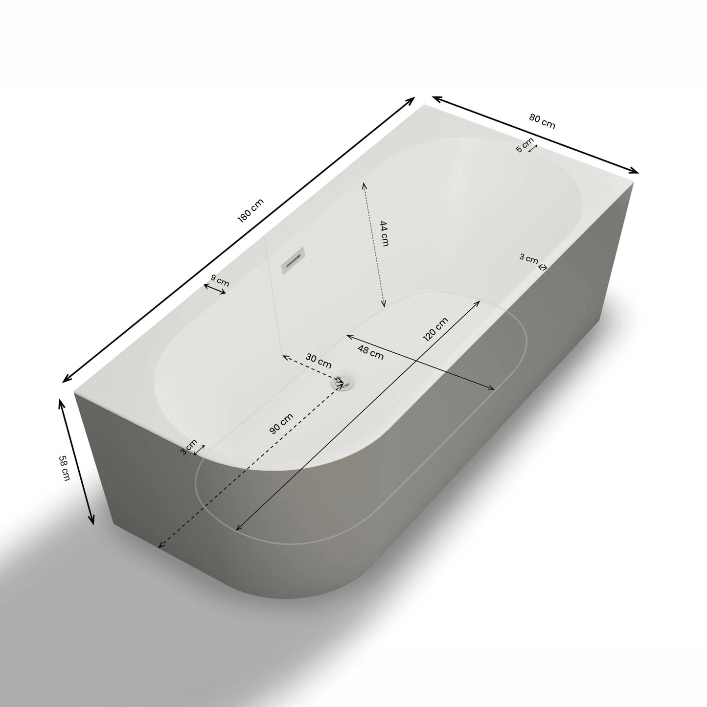 Baignoire semi-îlot murale d’angle Capri 180 cm grise Spalina version droite – vue produit