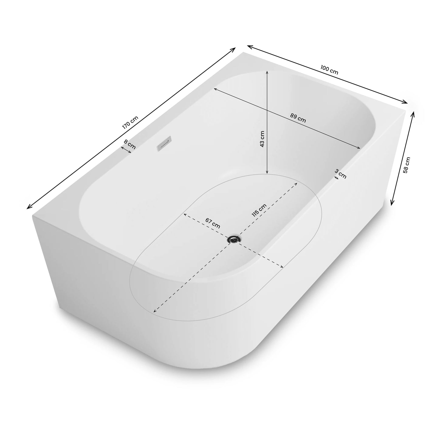 Baignoire semi-îlot murale d’angle Capri 170 cm blanche Spalina version droite – vue produit