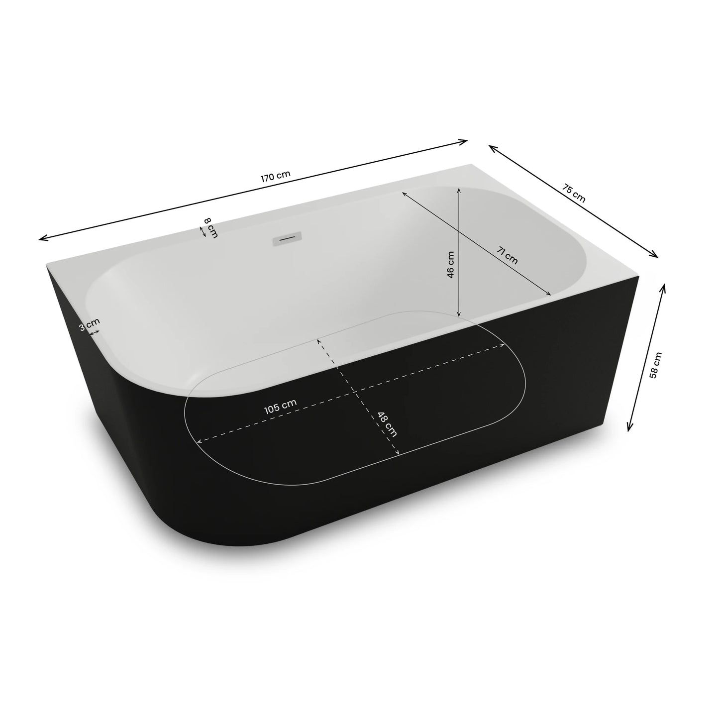 Baignoire semi-îlot murale d’angle Capri 170 cm noire Spalina version droite – vue produit