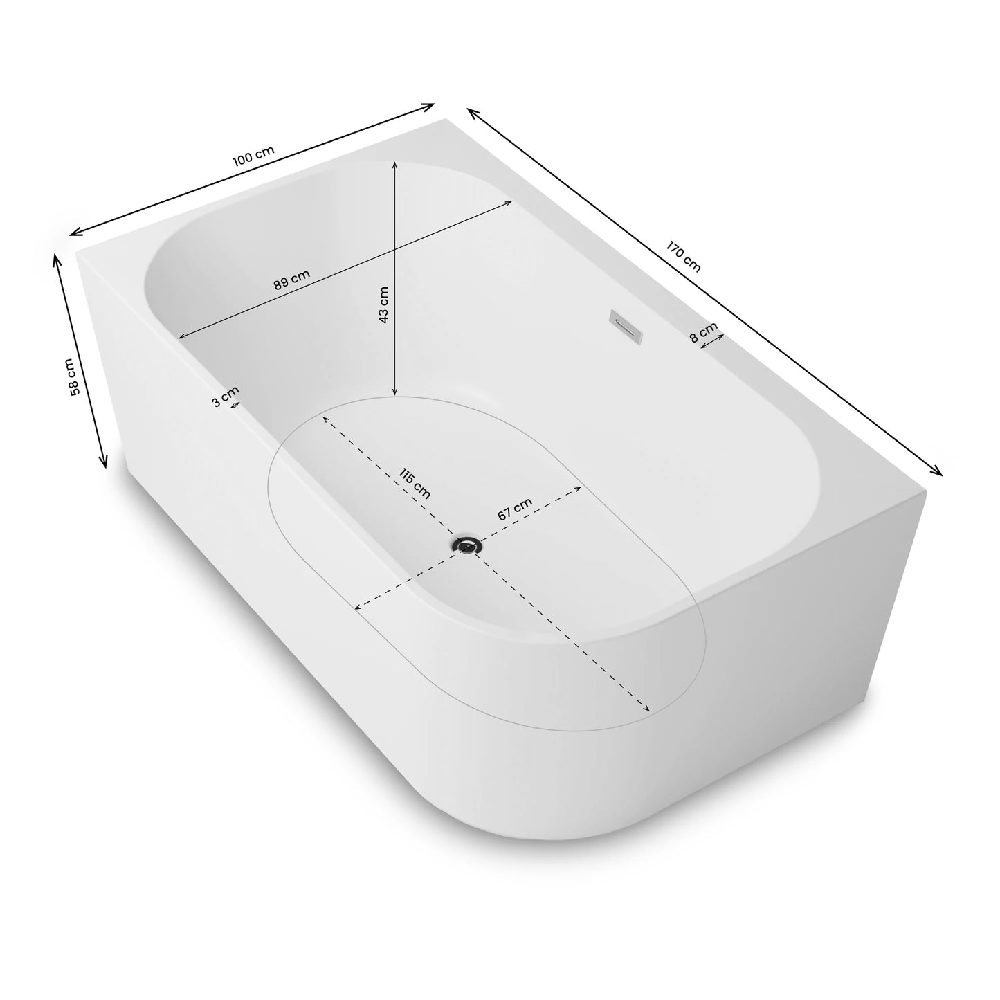 Baignoire semi-îlot murale d’angle Capri 170 cm blanche Spalina version gauche – vue produit