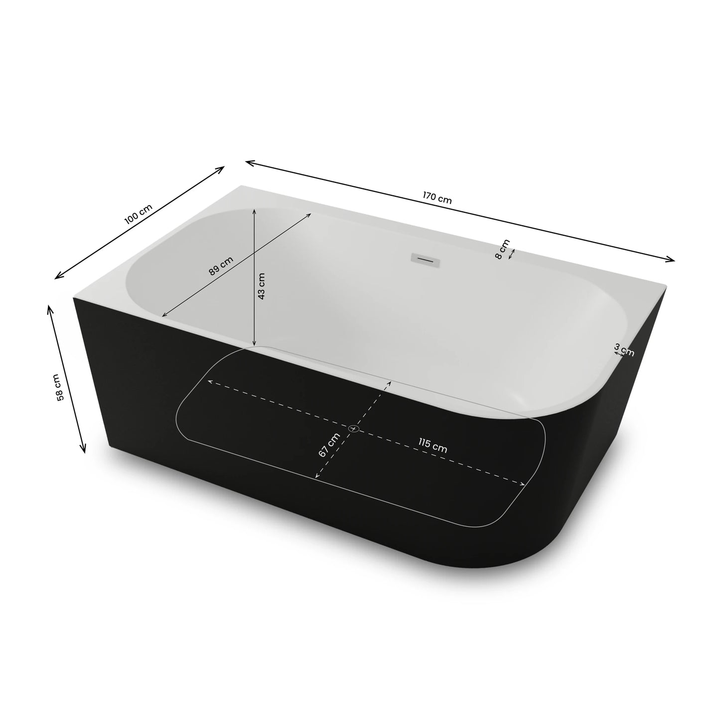 Baignoire semi-îlot murale d’angle Capri 170 cm noire Spalina version gauche – vue produit
