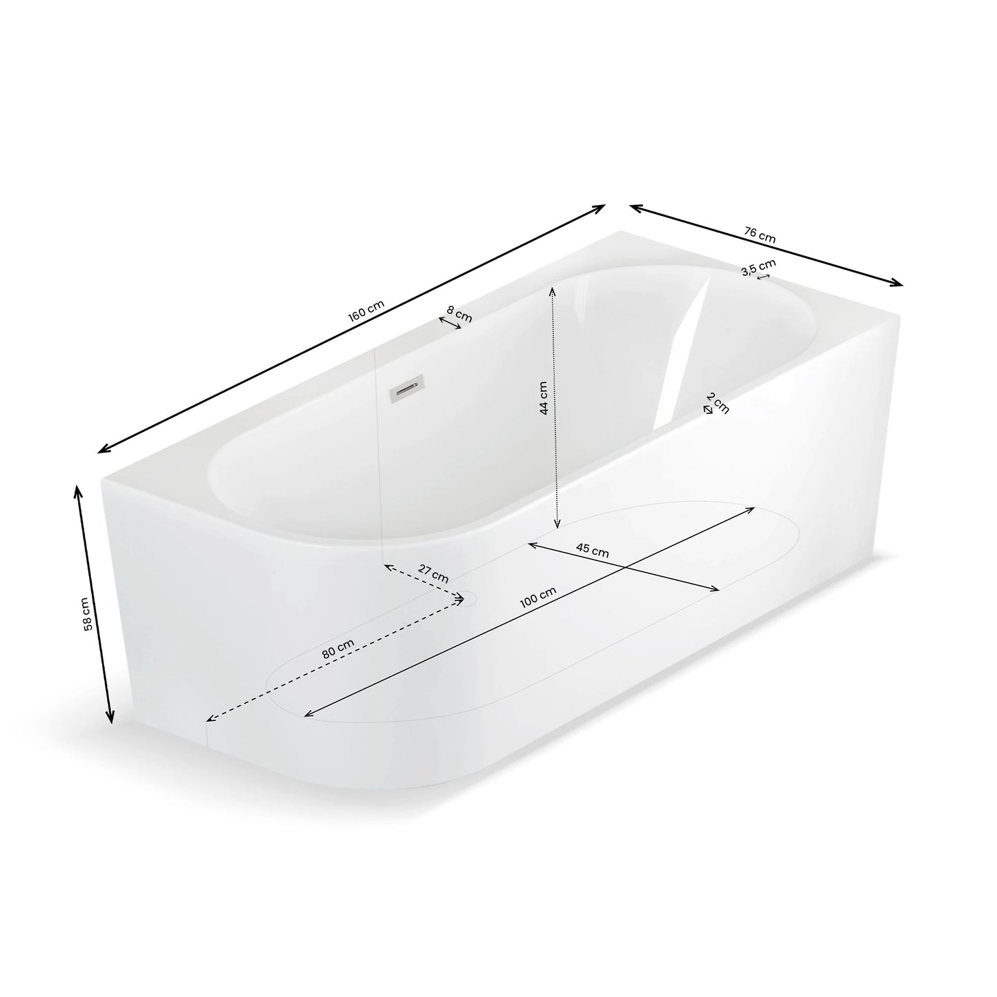 Plan 3D baignoire semi-îlot murale d’angle Capri 160 cm Spalina version droite