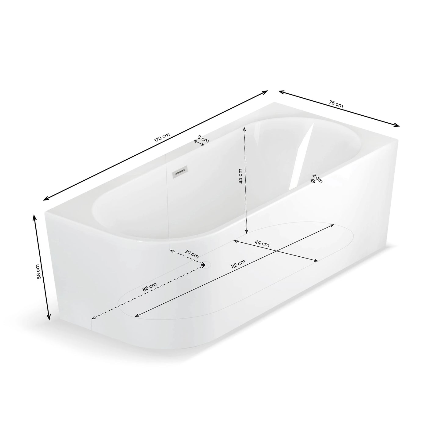 Plan 3D baignoire semi-îlot murale d’angle Capri 170 cm Spalina version droite