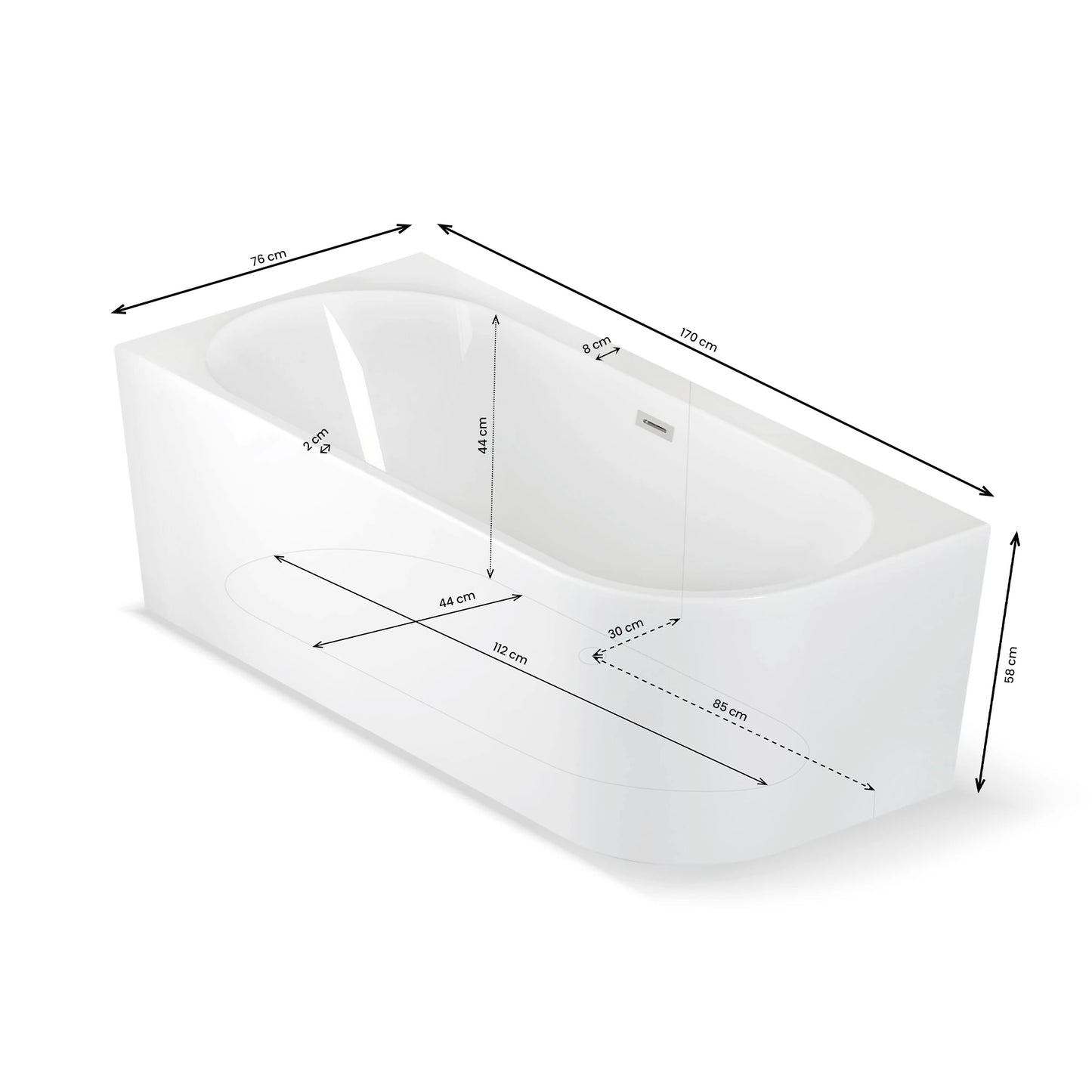 Plan 3D baignoire semi-îlot murale d’angle Capri 170 cm Spalina version gauche