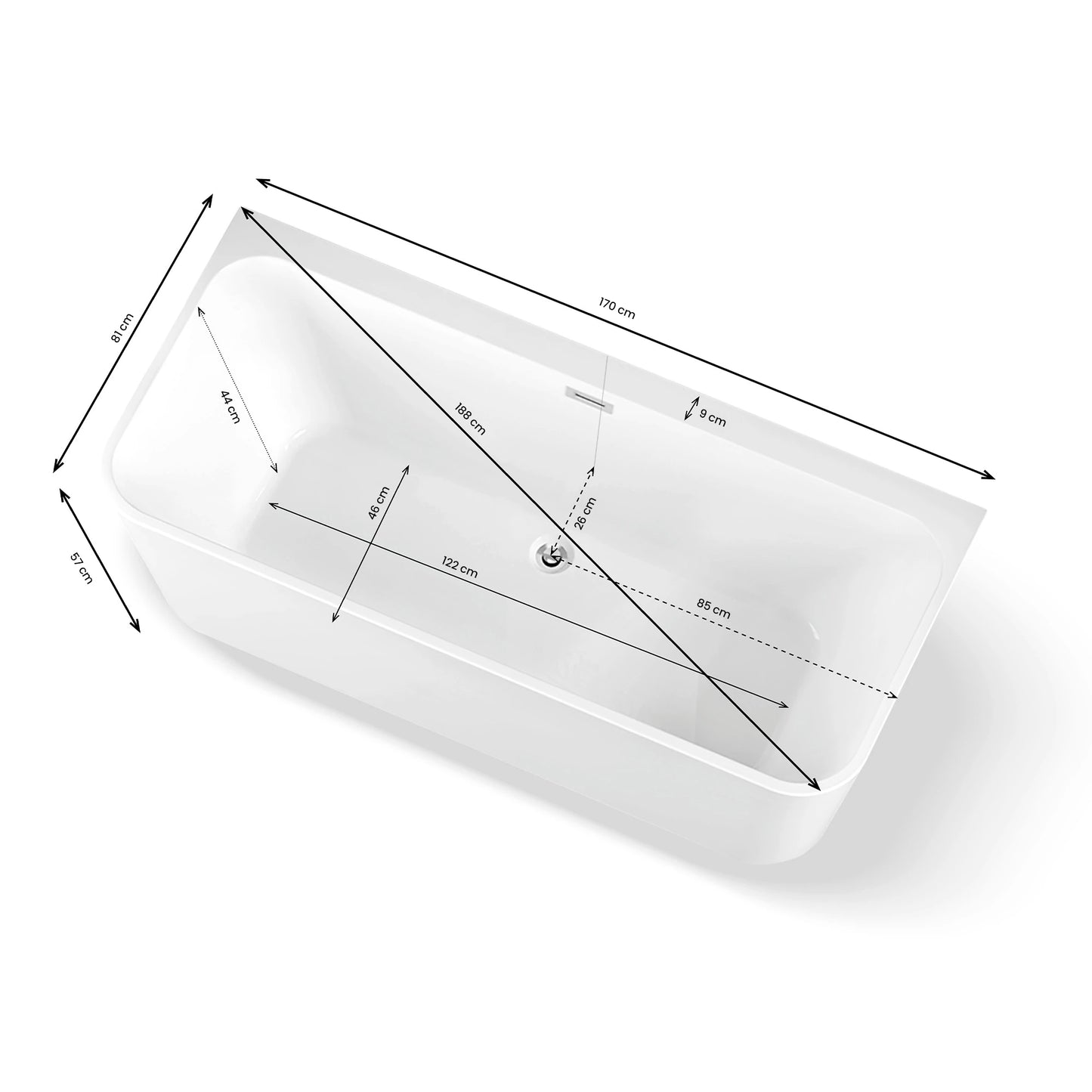 Plan 3D baignoire semi-îlot murale rectangulaire Mint 170 cm Spalina
