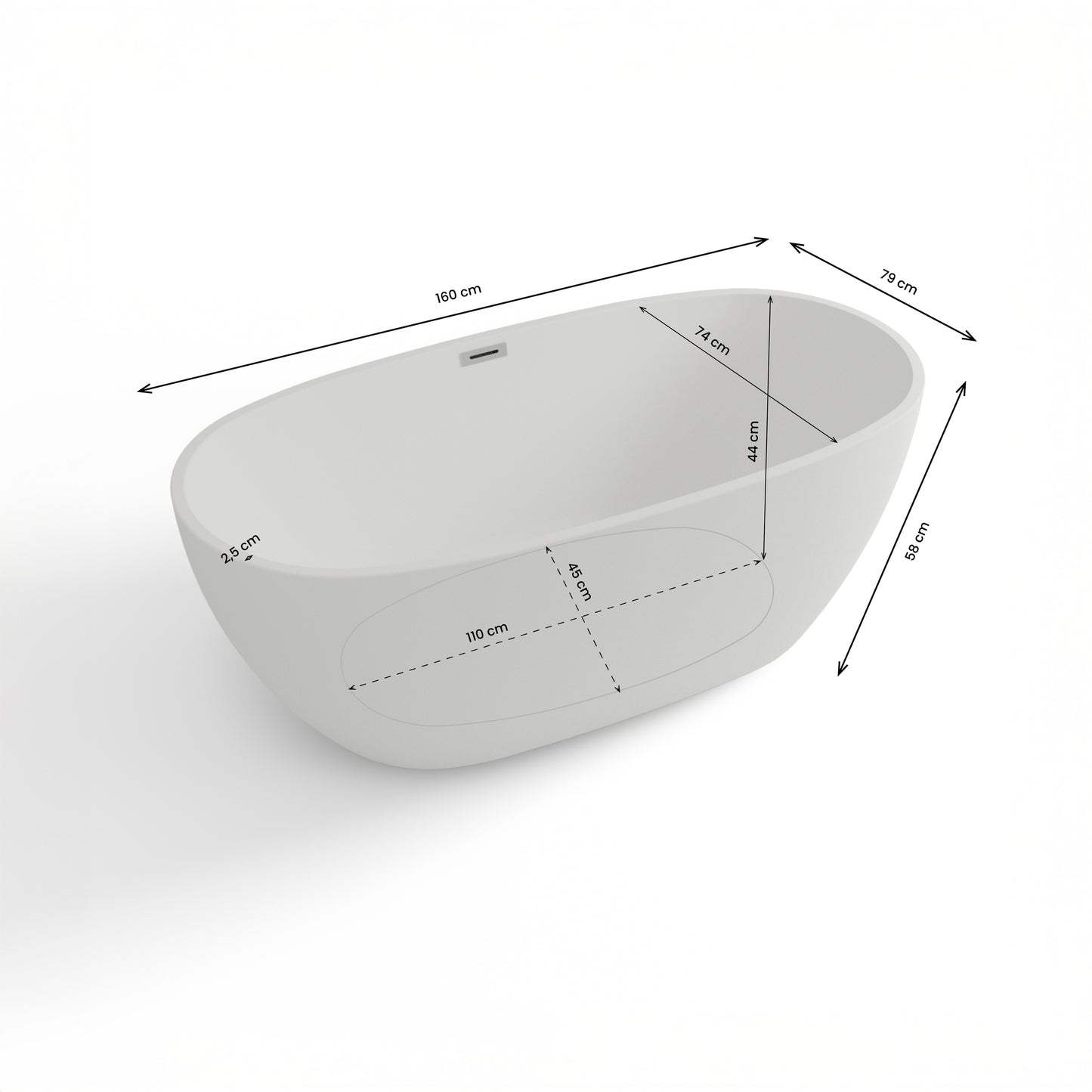 Plan 3D baignoire îlot ovale Samba 160 cm Spalina