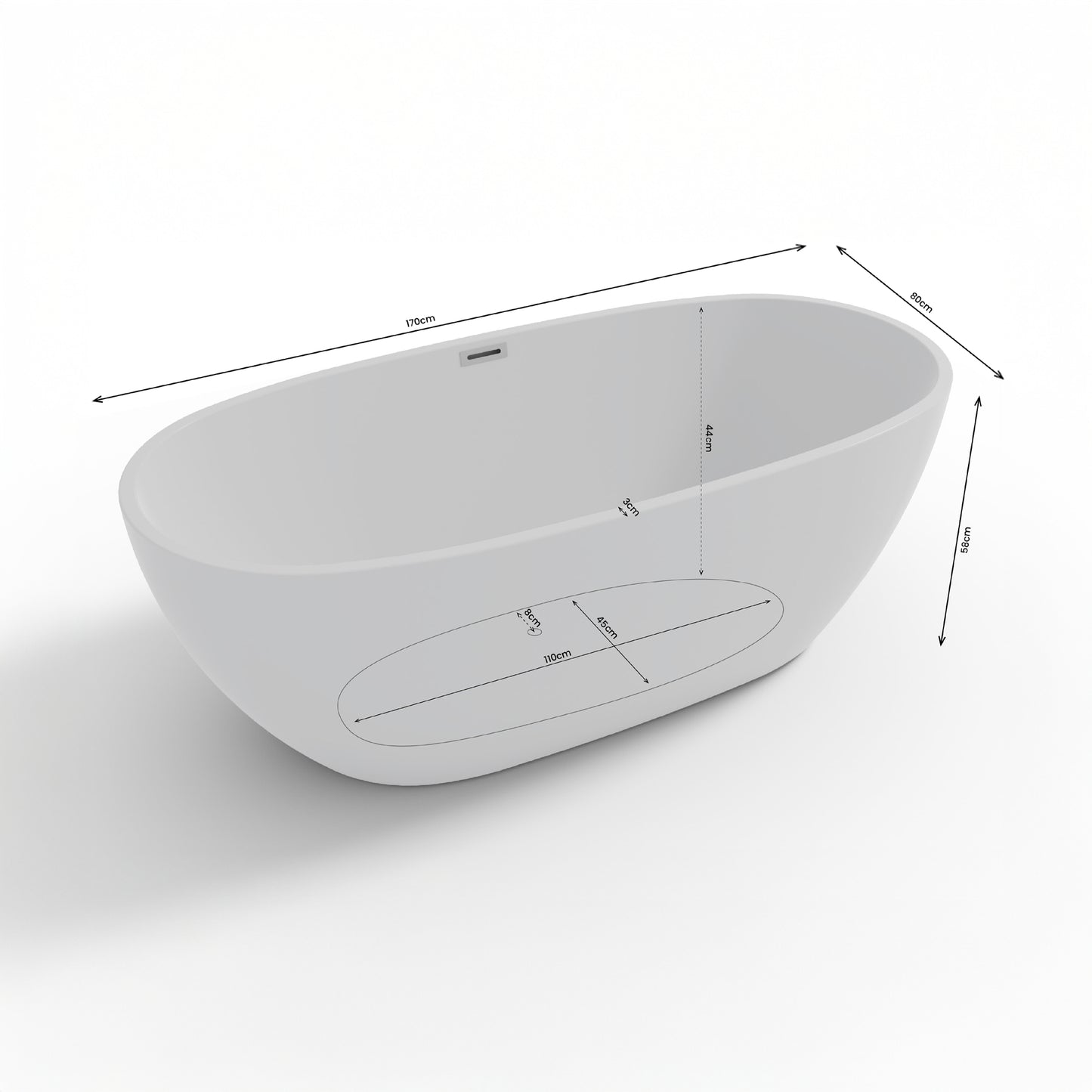 Plan 3D baignoire îlot ovale Samba 170 cm Spalina