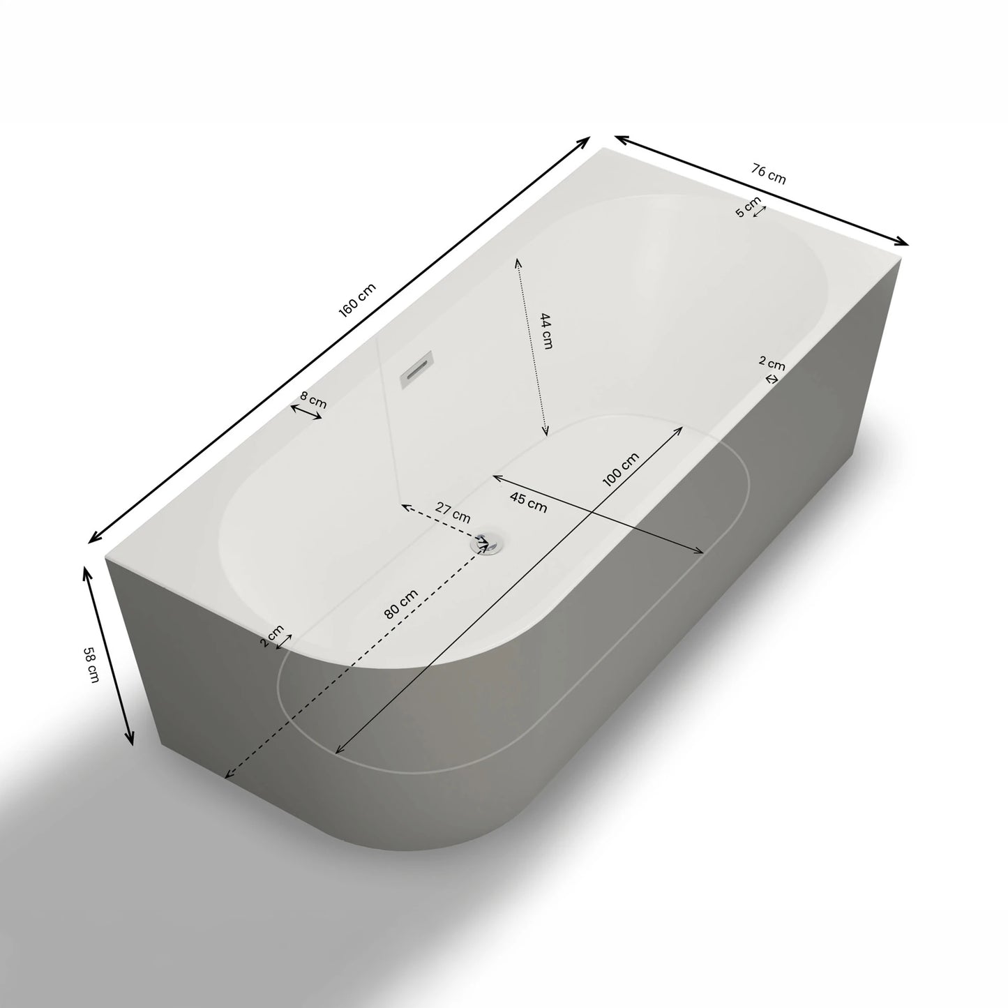 Baignoire semi-îlot murale d’angle Capri 160 cm grise Spalina version droite – vue produit