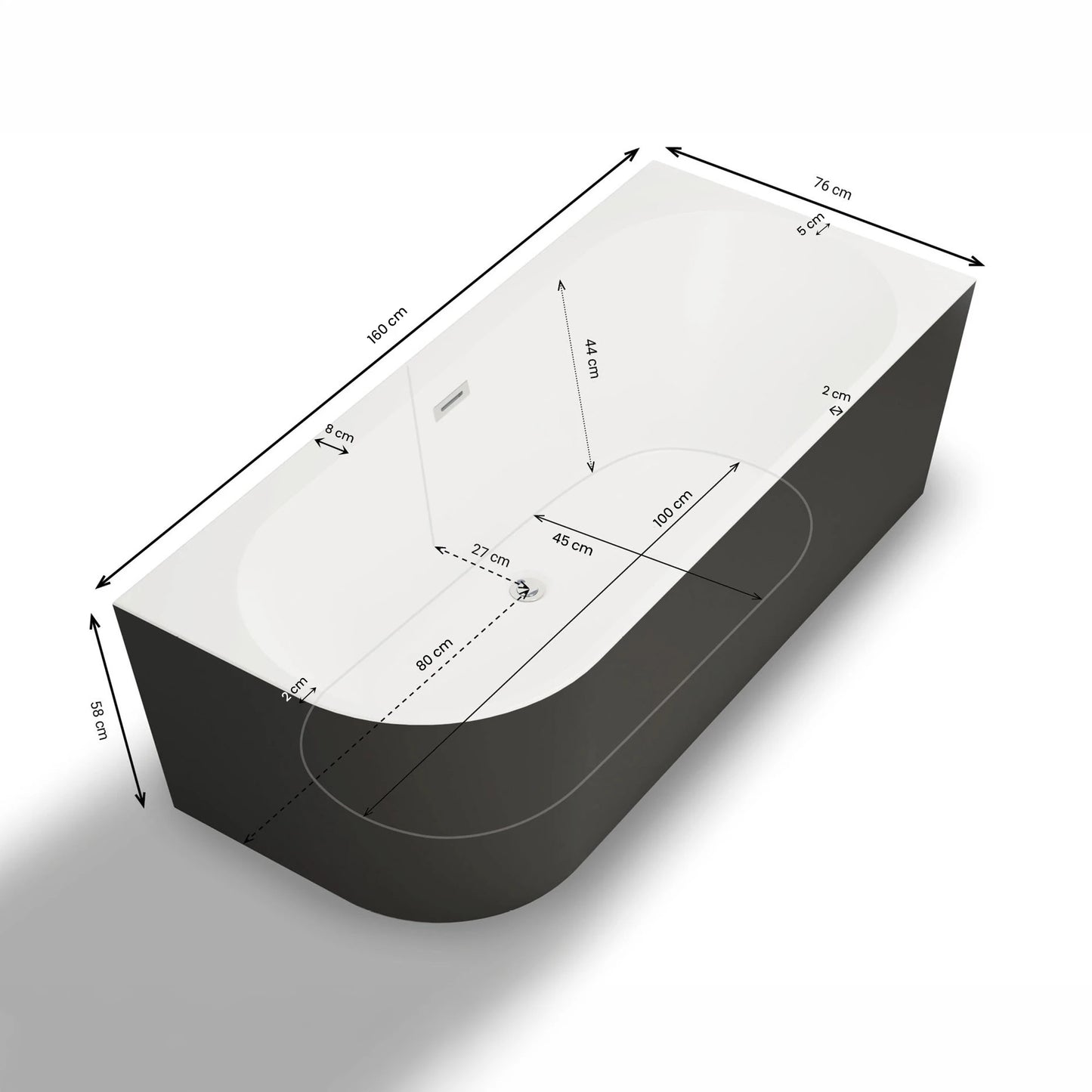 Baignoire semi-îlot murale d’angle Capri 160 cm noire Spalina version droite – vue produit