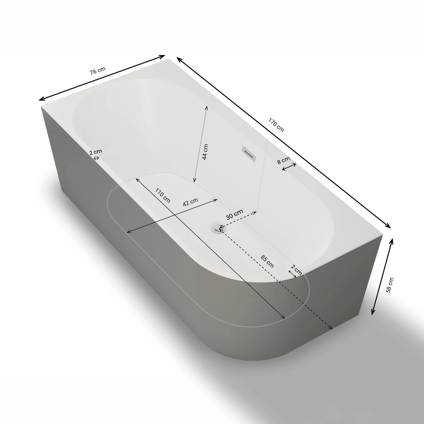 Baignoire semi-îlot murale d’angle Capri 170 cm grise Spalina version gauche – vue produit