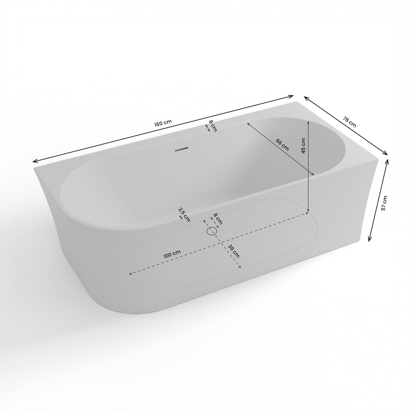 Baignoire semi-îlot murale d’angle Cosmic 160 cm blanche Spalina version droite – vue produit