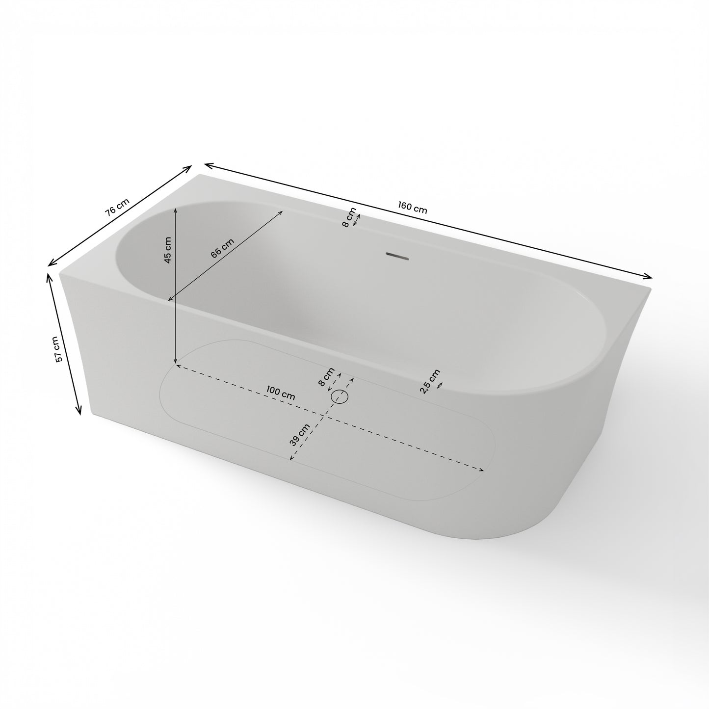 Baignoire semi-îlot murale d’angle Cosmic 160 cm blanche Spalina version gauche – vue produit