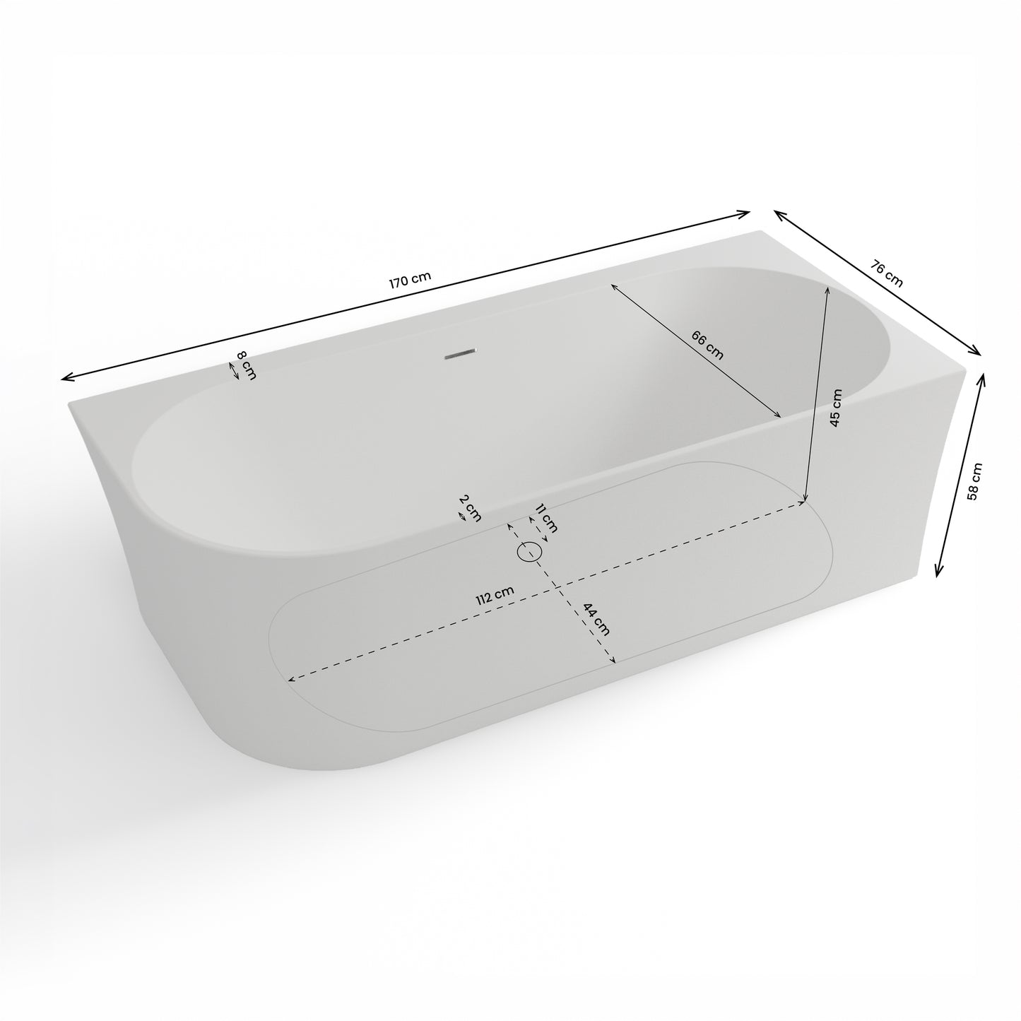 Baignoire semi-îlot murale d’angle Cosmic 170 cm blanche Spalina version droite – vue produit