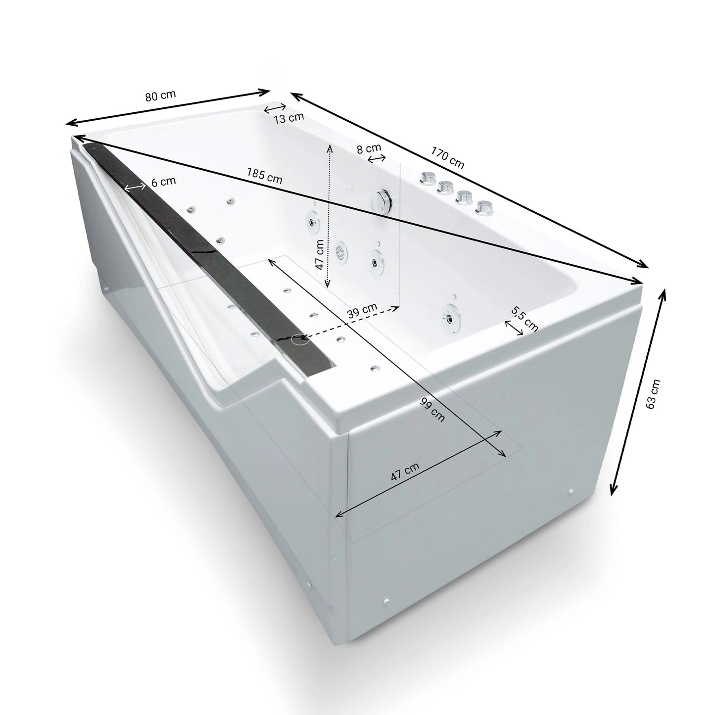 Baignoire balnéo semi-îlot rectangulaire avec hublot Indra Spalina – vue produit
