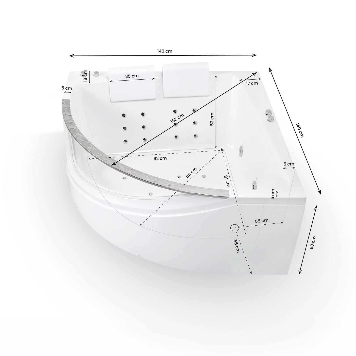 Baignoire balnéo semi-îlot d’angle avec hublot Lumina Spalina – vue produit