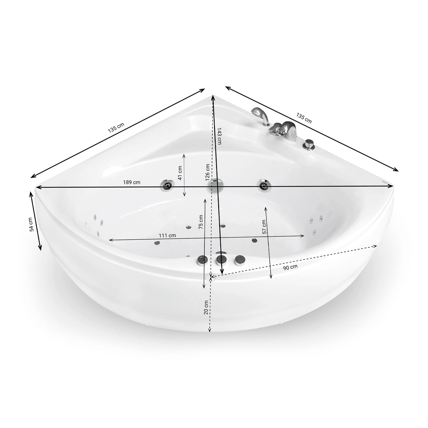 Baignoire balnéo semi-îlot d’angle asymétrique Maldives Spalina – vue produit