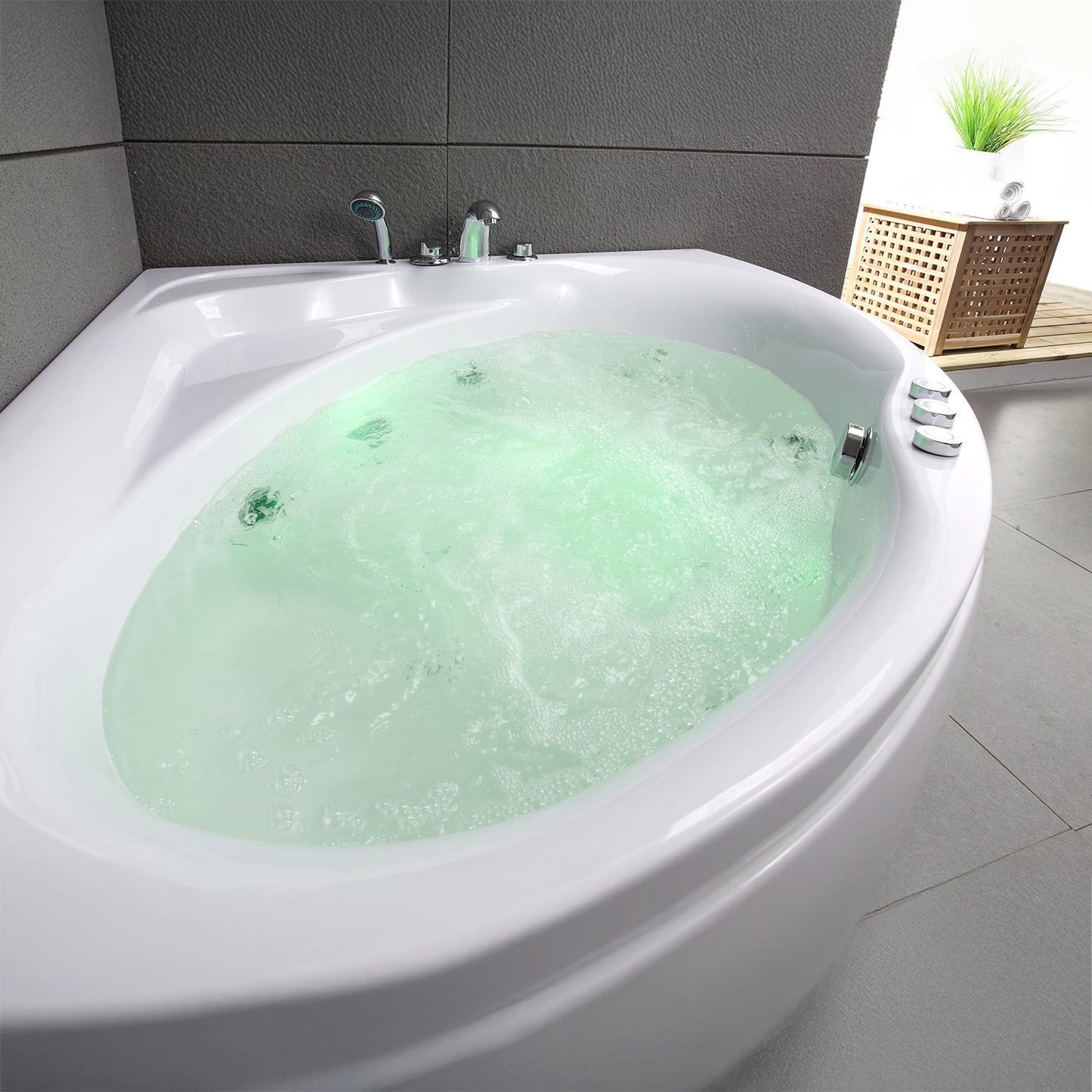 Baignoire balnéo semi-îlot d’angle asymétrique Maldives Spalina – vue produit