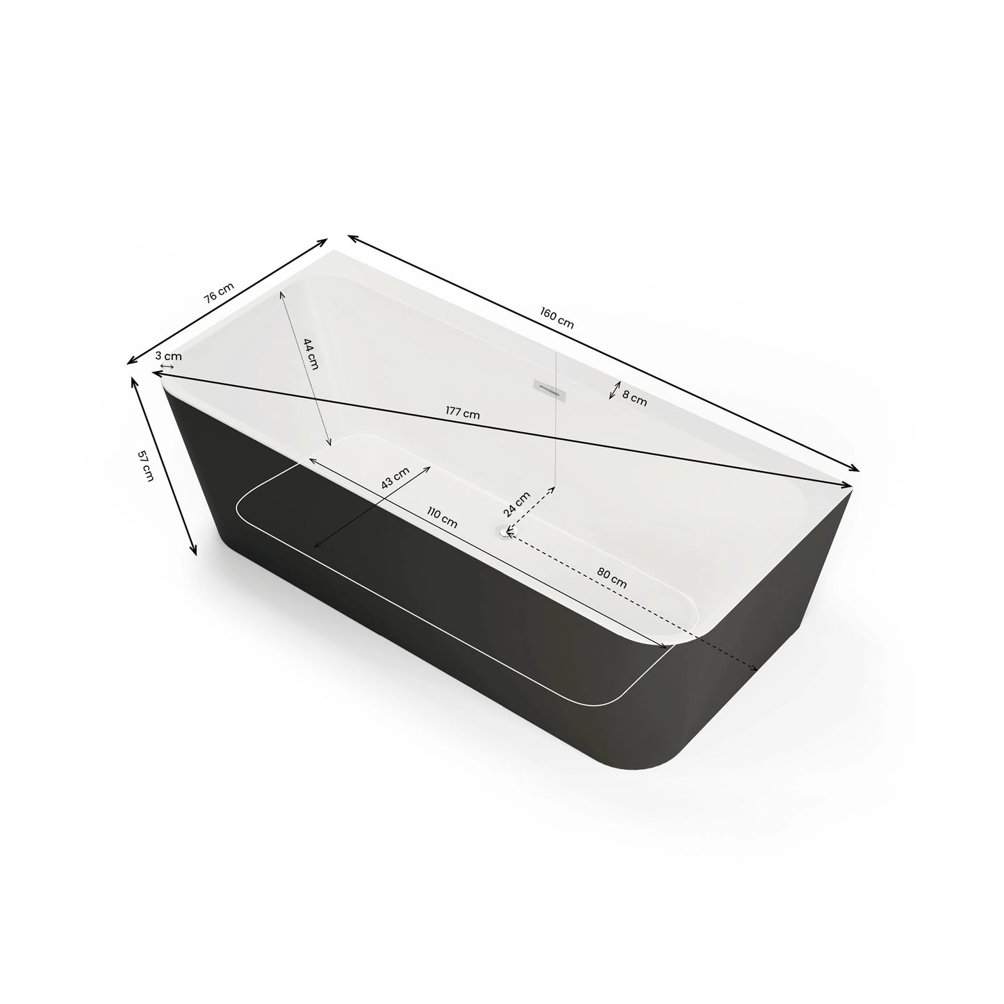 Baignoire semi-îlot murale rectangulaire Mint 160 cm noire Spalina – vue produit