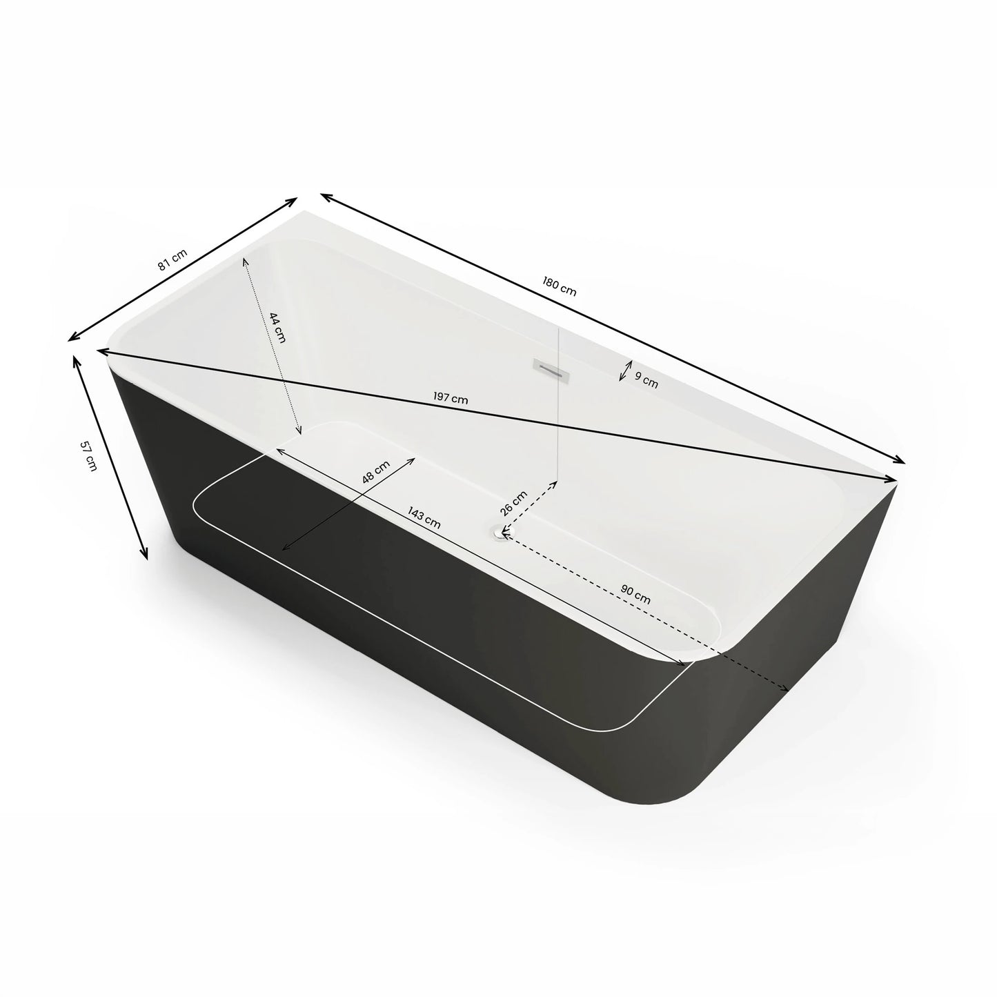 Baignoire semi-îlot murale rectangulaire Mint 180 cm noire Spalina – vue produit