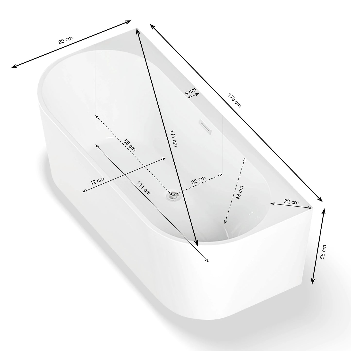 Baignoire semi-îlot murale Naos 170 cm blanche Spalina – vue produit