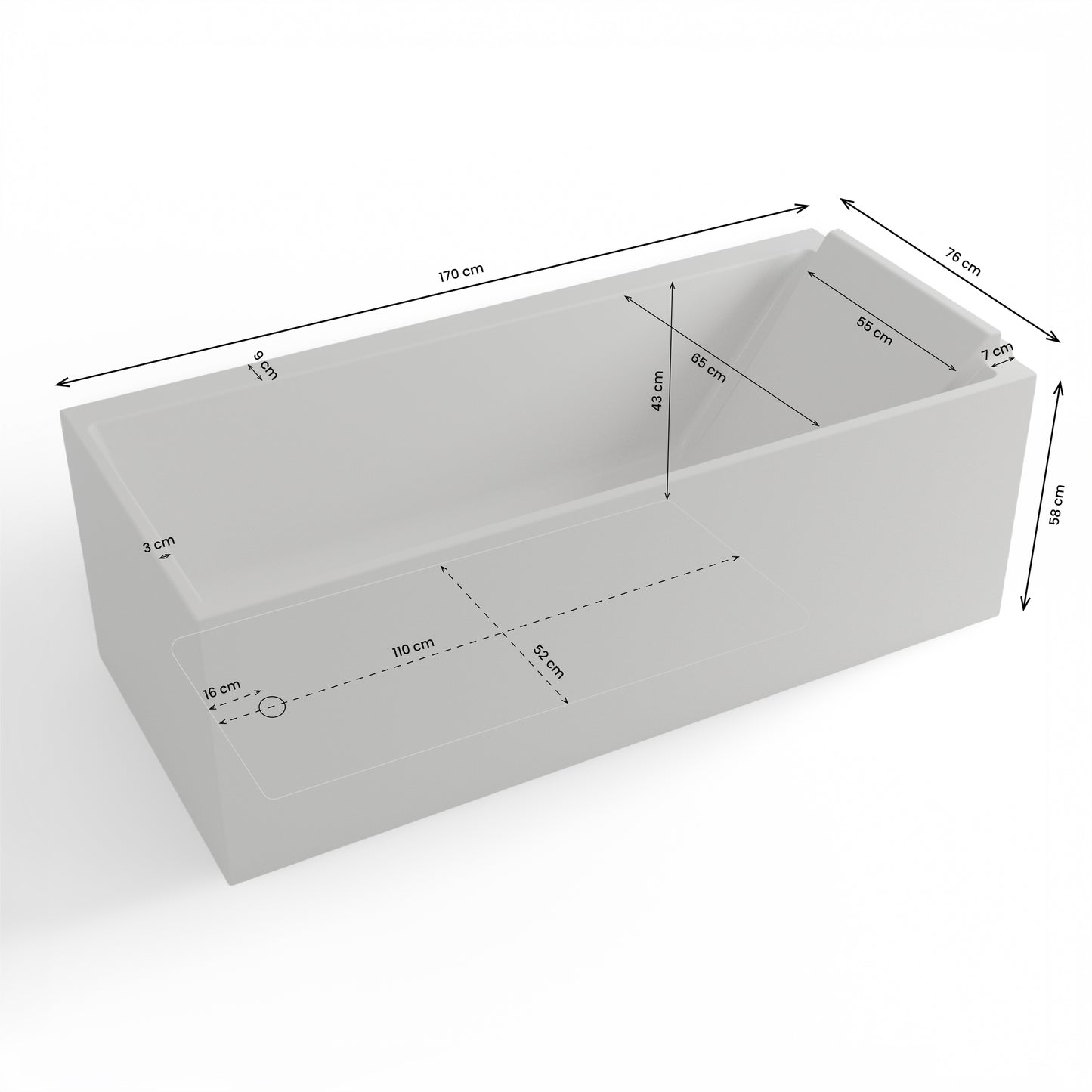 Baignoire semi-îlot murale d’angle Quantum 170 cm blanche Spalina version droite – vue produit