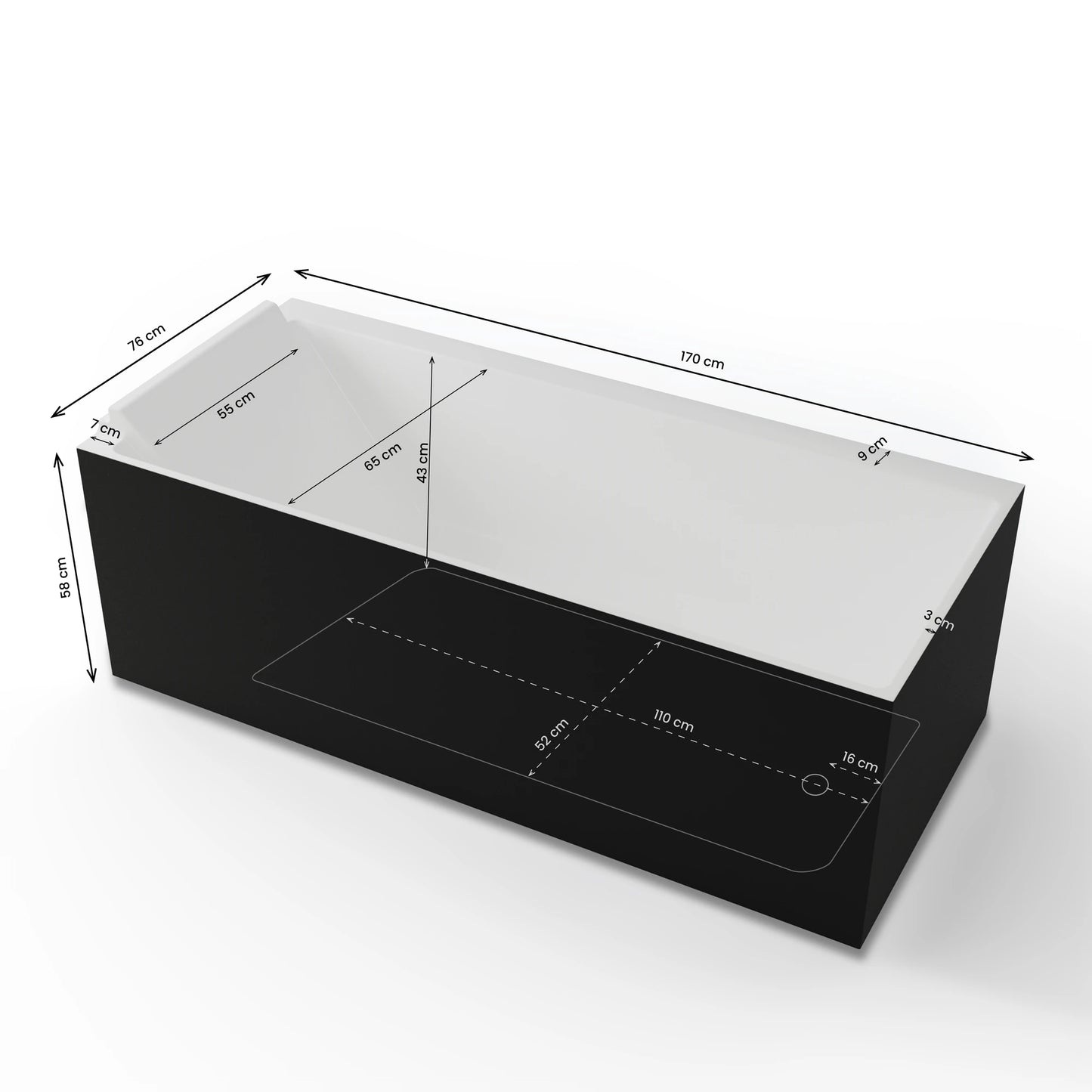 Baignoire semi-îlot murale d’angle Quantum 170 cm noire Spalina version gauche – vue produit
