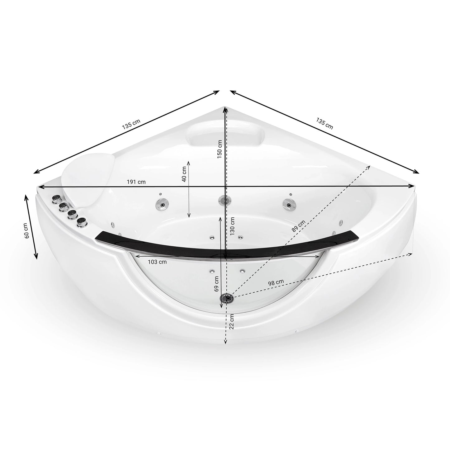 Baignoire balnéo semi-îlot d’angle asymétrique avec hublot Samsara Spalina – vue produit