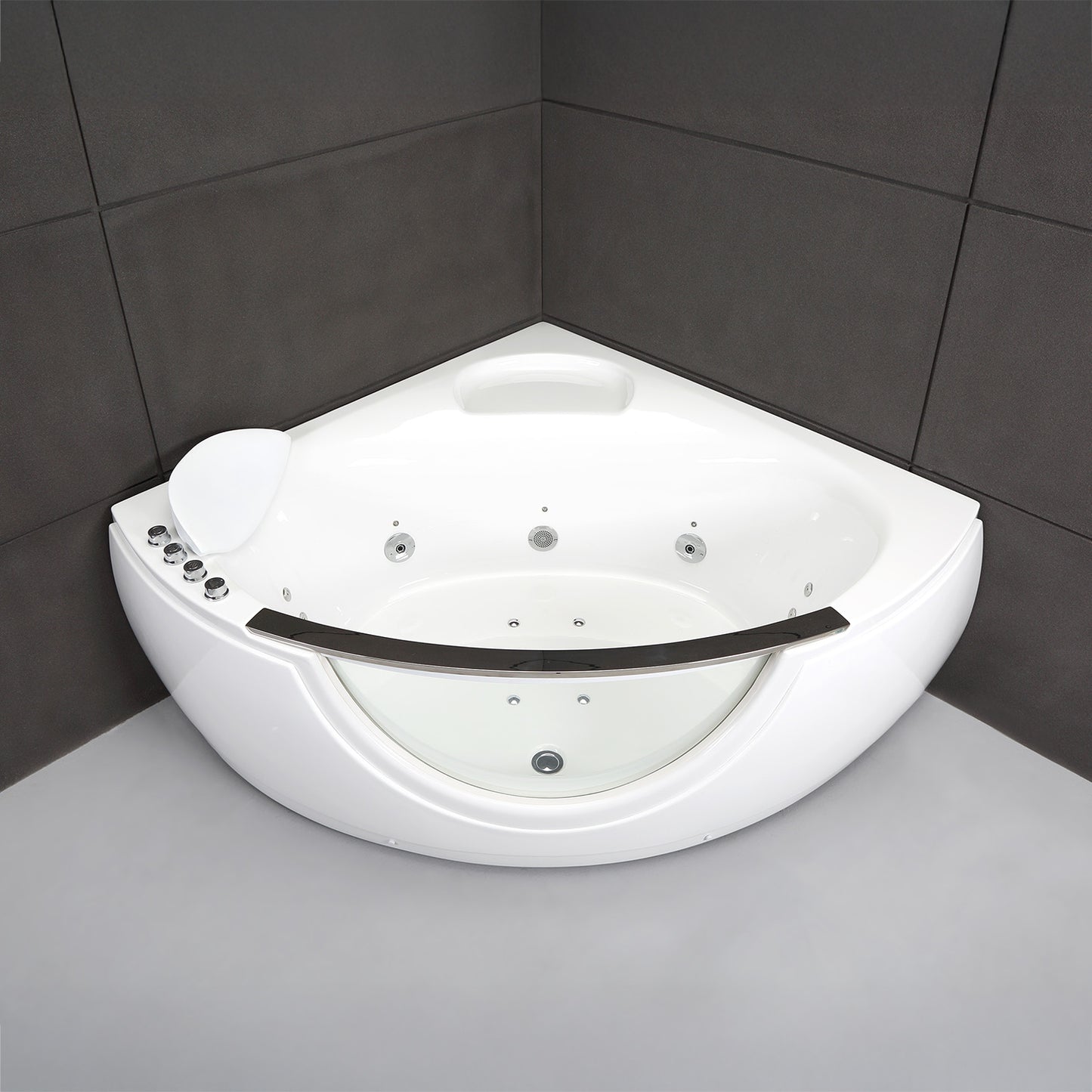 Baignoire balnéo semi-îlot d’angle asymétrique avec hublot Samsara Spalina – vue produit