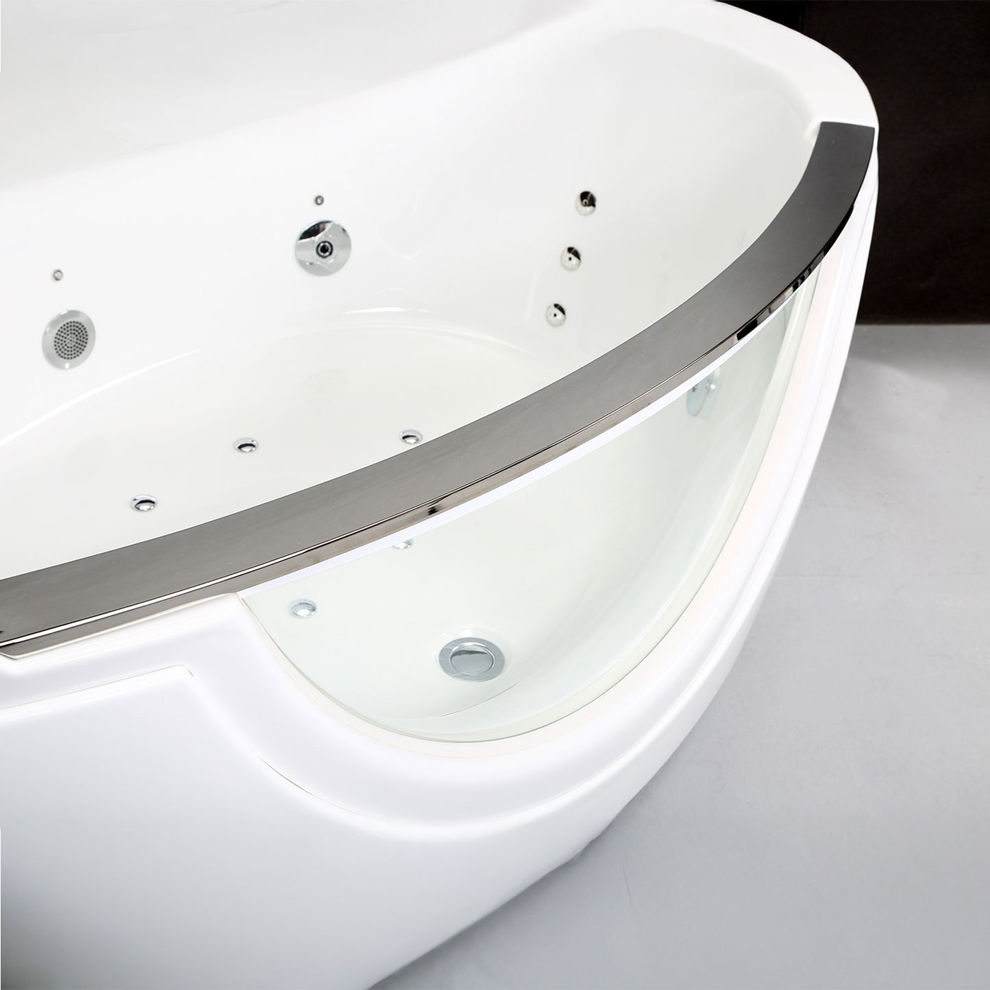 Baignoire balnéo semi-îlot d’angle asymétrique avec hublot Samsara Spalina – vue produit