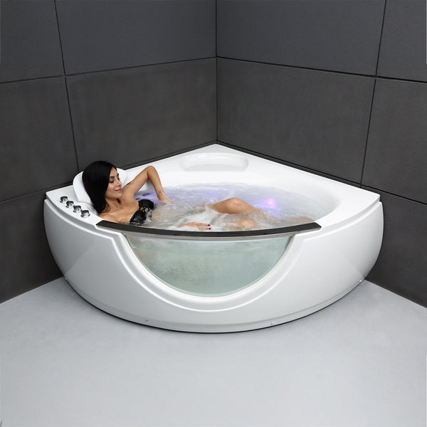 Baignoire balnéo d’angle avec hublot blanche 135 cm Samsara Wave / Corner whirlpool bath with porthole white 135 cm Samsara Wave / Bañera de hidromasaje esquinera con ojo de buey blanco 135 cm Samsara Wave / Vasca idromassaggio angolare con oblò bianco 135 cm Samsara Wave / Hoekwhirlpool met witte patrijspoort 135 cm Samsara Wave