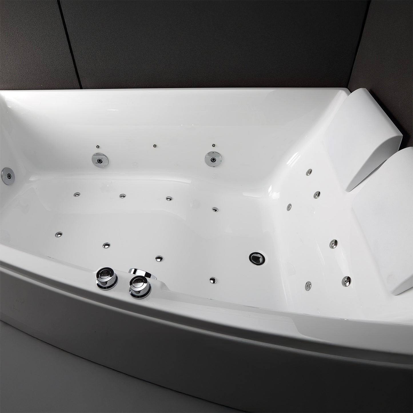 Baignoire balnéo semi-îlot murale d’angle asymétrique Sangha Spalina version droite – vue produit