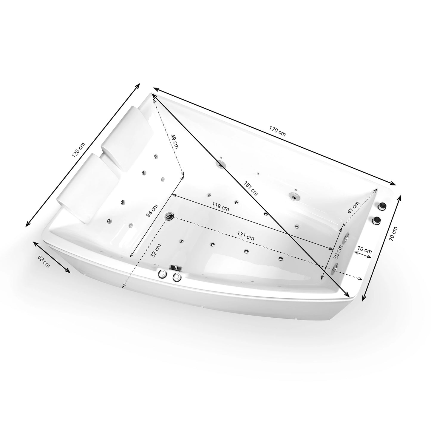 Baignoire balnéo semi-îlot murale d’angle asymétrique Sangha Spalina version gauche – vue produit