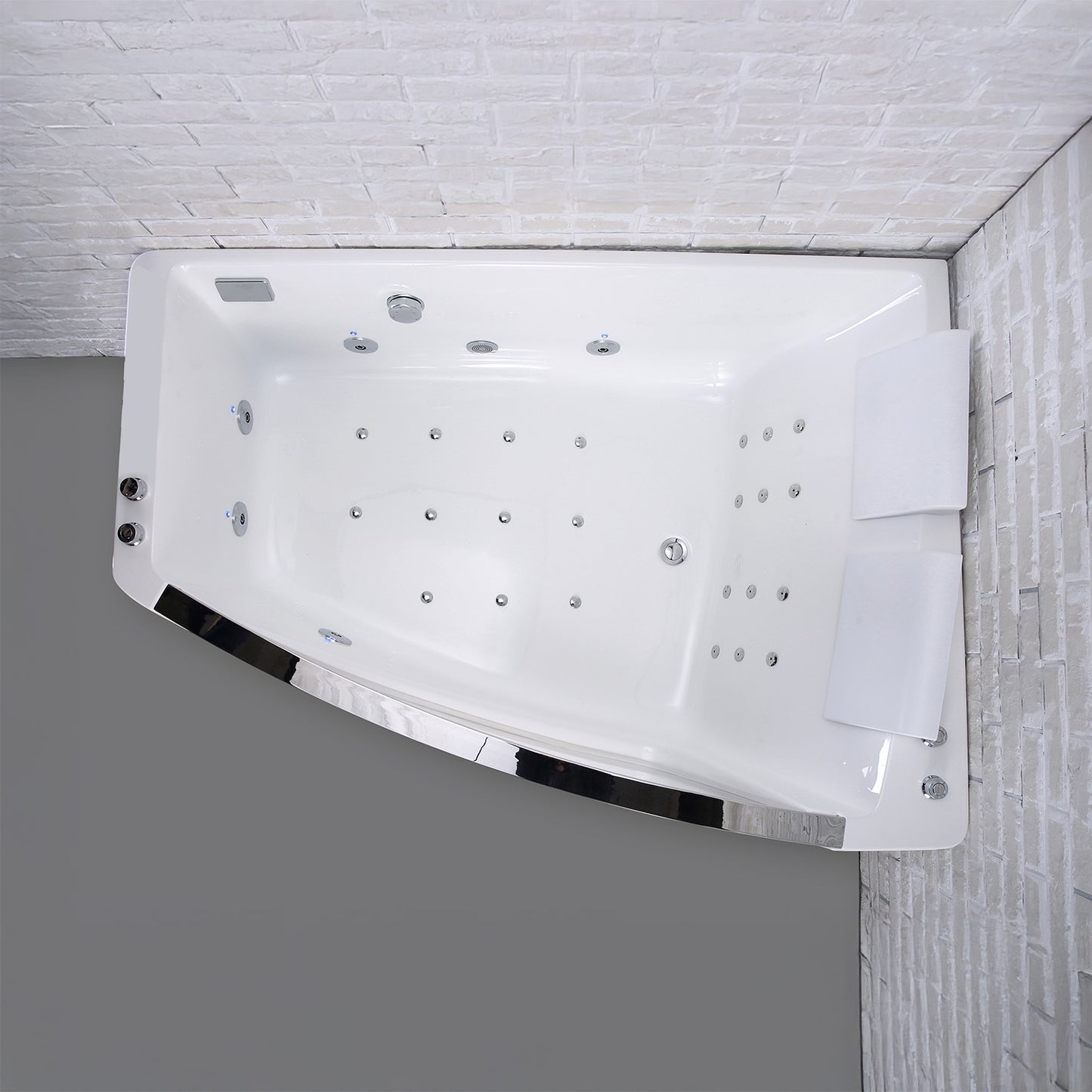 Baignoire balnéo semi-îlot murale d’angle asymétrique avec hublot Savana Spalina version droite – vue produit