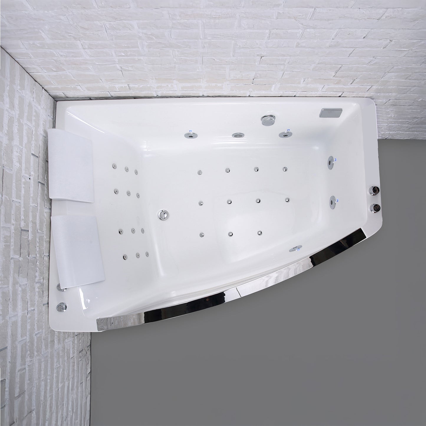 Baignoire balnéo semi-îlot murale d’angle asymétrique avec hublot Savana Spalina version gauche – vue produit