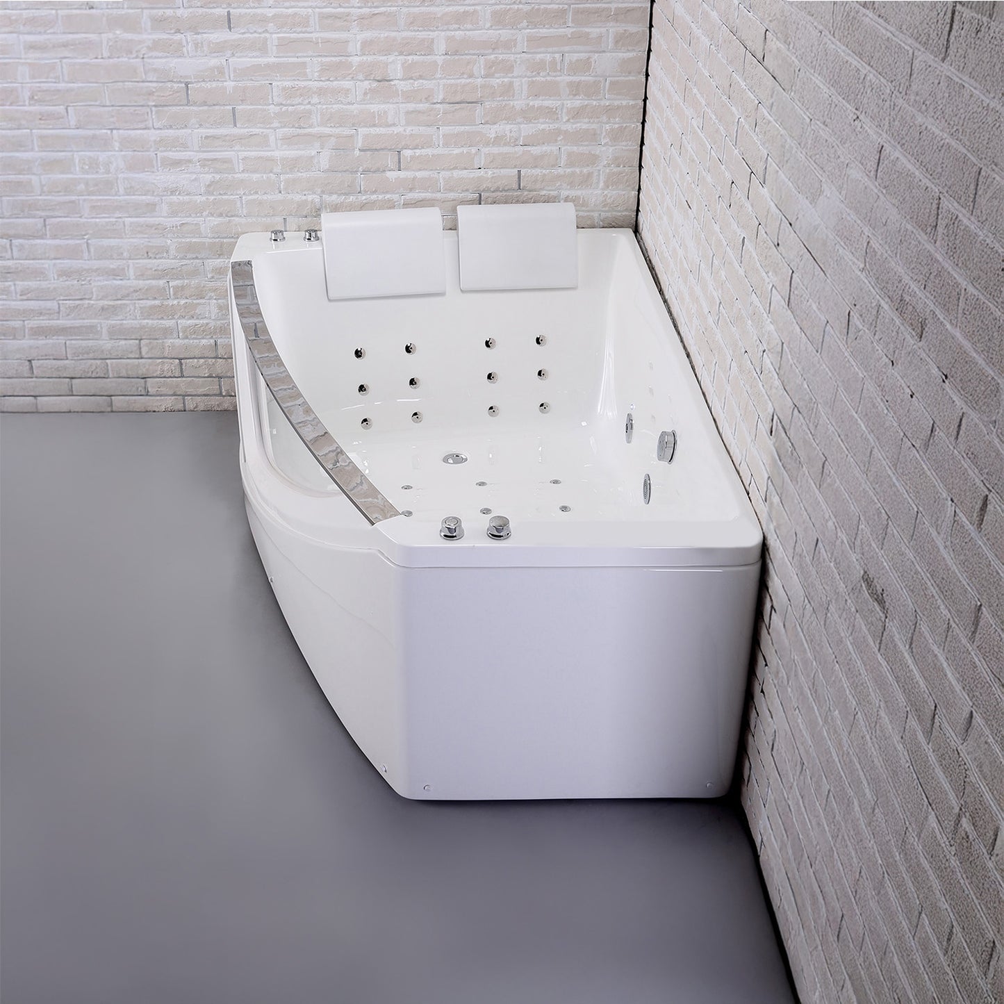 Baignoire balnéo d’angle deux personnes avec hublot blanche 170 cm Savana duo Wave gauche / Two-person corner whirlpool bath with white porthole 170 cm Savana duo Wave left / Bañera de hidromasaje esquinera para dos con ojo de buey blanco 170 cm Savana duo Wave izquierda / Vasca idromassaggio angolare per due persone con oblò bianco 170 cm Savana duo Wave sinistra / Hoekwhirlpool voor twee met witte patrijspoort 170 cm Savana duo Wave links