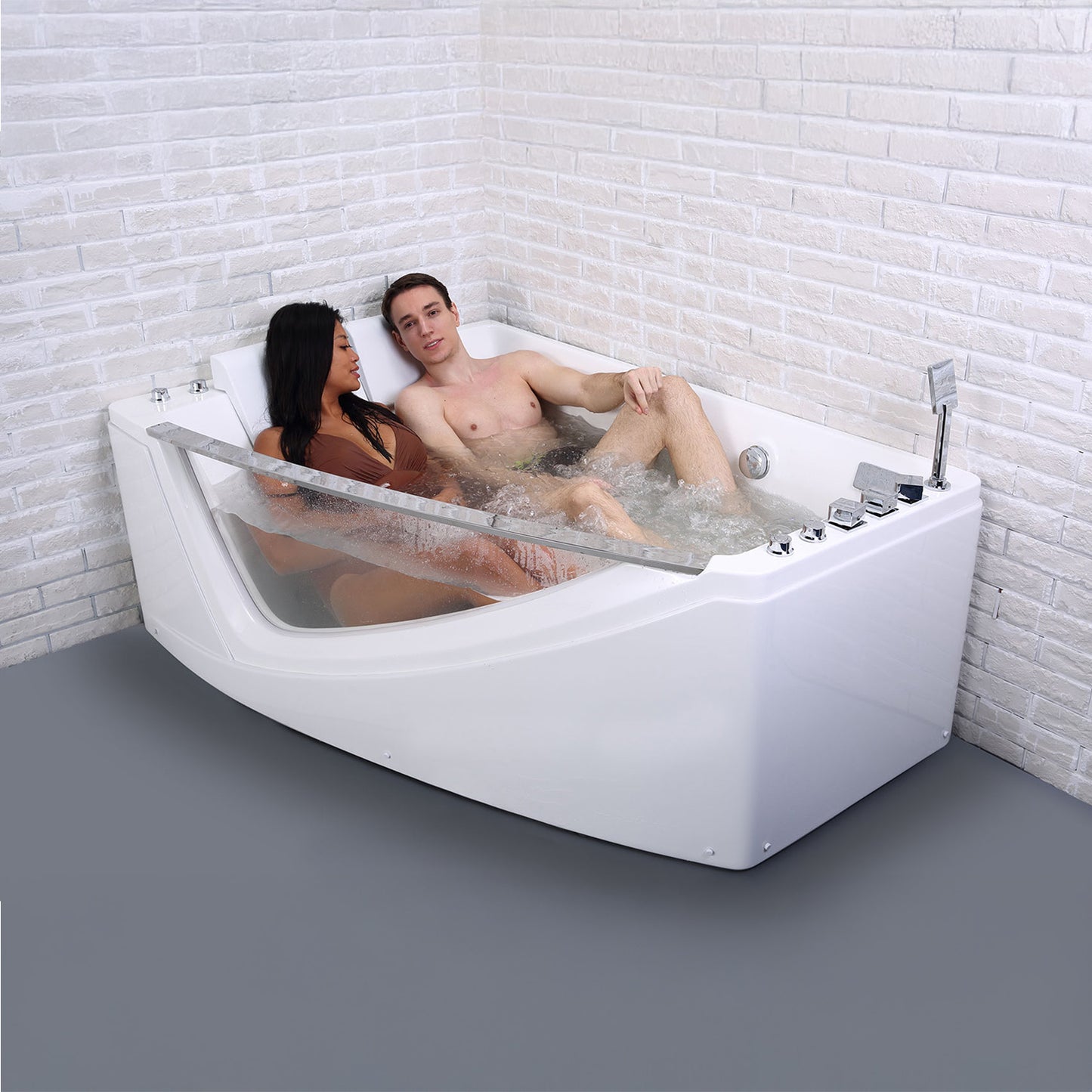 Baignoire balnéo d’angle deux personnes avec hublot blanche 170 cm Savana duo Wave gauche / Two-person corner whirlpool bath with white porthole 170 cm Savana duo Wave left / Bañera de hidromasaje esquinera para dos con ojo de buey blanco 170 cm Savana duo Wave izquierda / Vasca idromassaggio angolare per due persone con oblò bianco 170 cm Savana duo Wave sinistra / Hoekwhirlpool voor twee met witte patrijspoort 170 cm Savana duo Wave links