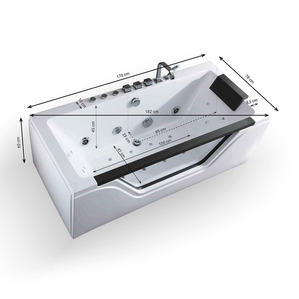 Baignoire balnéo classique avec hublot blanche et noire 170 cm Tahiti Jets / Glass-sided whirlpool bathtub white and black 170 cm Tahiti Jets / Bañera de hidromasaje con ojo de buey blanco y negro 170 cm Tahiti Jets / Vasca idromassaggio con oblò bianco e nero 170 cm Tahiti Jets / Bubbelbad met patrijspoort zwart en wit 170 cm Tahiti Jets