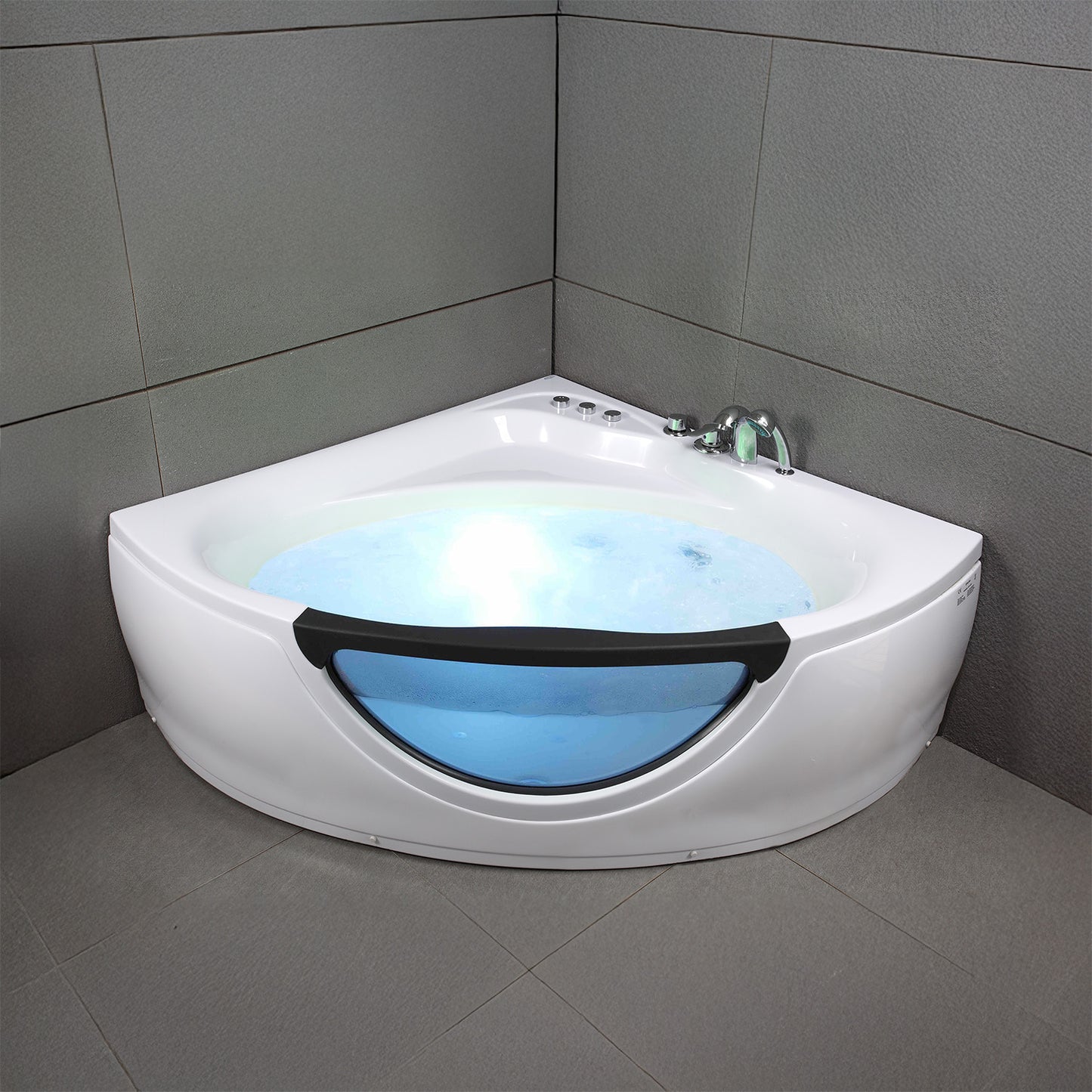 Baignoire balnéo d’angle avec hublot noire et blanche 135 cm Tasmanie Jets / Glass-sided whirlpool bathtub black and white 135 cm Tasmanie Jets / Bañera de hidromasaje esquinera con ojo de buey blanco y negro 135 cm Tasmanie Jets / Vasca idrodromassaggio angolare con oblò bianco e nero 135 cm Tasmanie Jets / Bubbelbad met patrijspoort zwart en wit 135 cm Tasmanie Jets