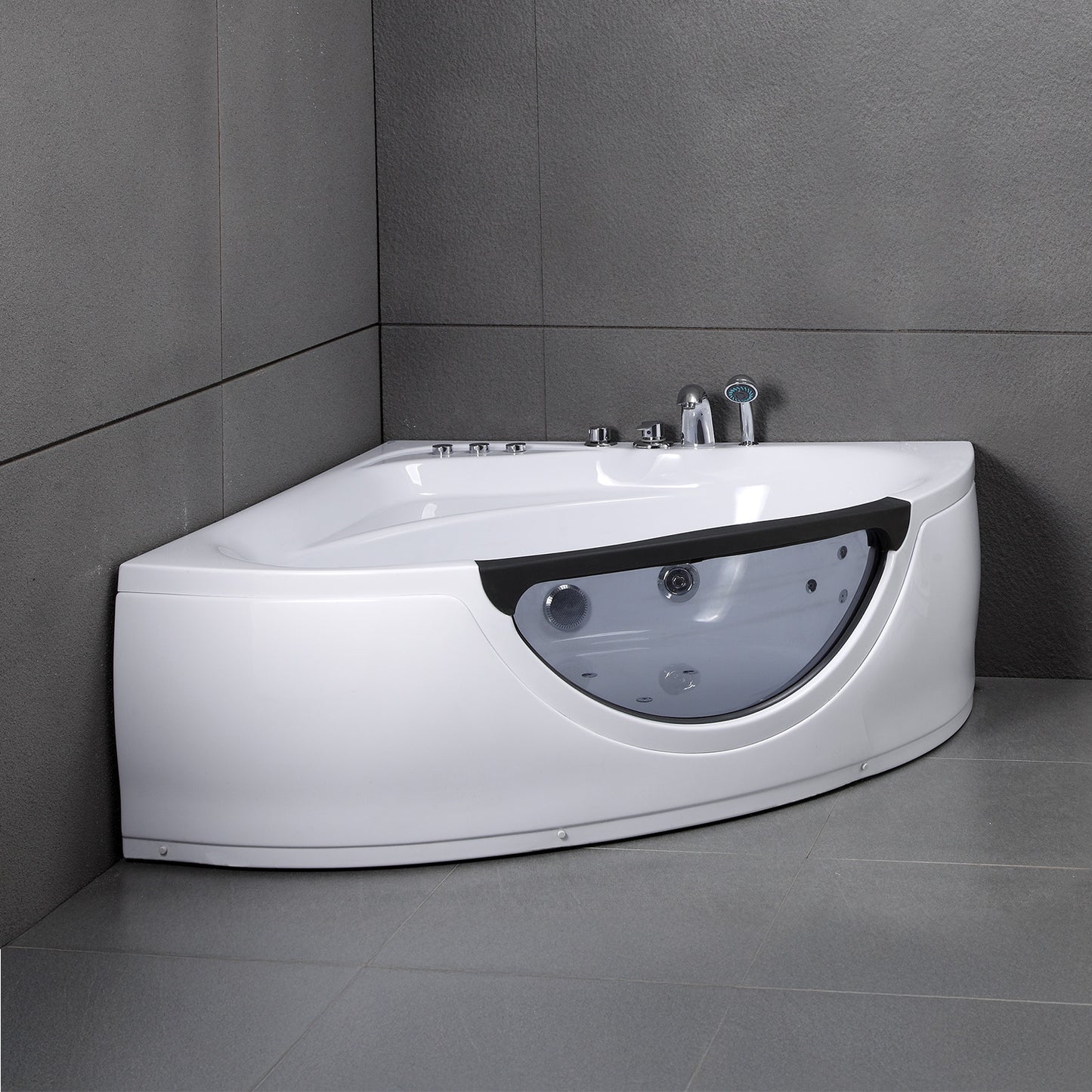 Baignoire balnéo d’angle avec hublot noire et blanche 135 cm Tasmanie Jets / Glass-sided whirlpool bathtub black and white 135 cm Tasmanie Jets / Bañera de hidromasaje esquinera con ojo de buey blanco y negro 135 cm Tasmanie Jets / Vasca idrodromassaggio angolare con oblò bianco e nero 135 cm Tasmanie Jets / Bubbelbad met patrijspoort zwart en wit 135 cm Tasmanie Jets