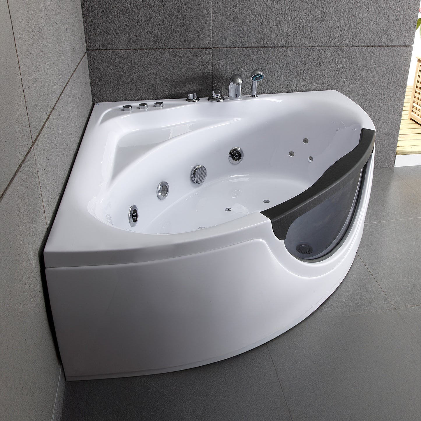 Baignoire balnéo d’angle avec hublot noire et blanche 135 cm Tasmanie Jets / Glass-sided whirlpool bathtub black and white 135 cm Tasmanie Jets / Bañera de hidromasaje esquinera con ojo de buey blanco y negro 135 cm Tasmanie Jets / Vasca idrodromassaggio angolare con oblò bianco e nero 135 cm Tasmanie Jets / Bubbelbad met patrijspoort zwart en wit 135 cm Tasmanie Jets