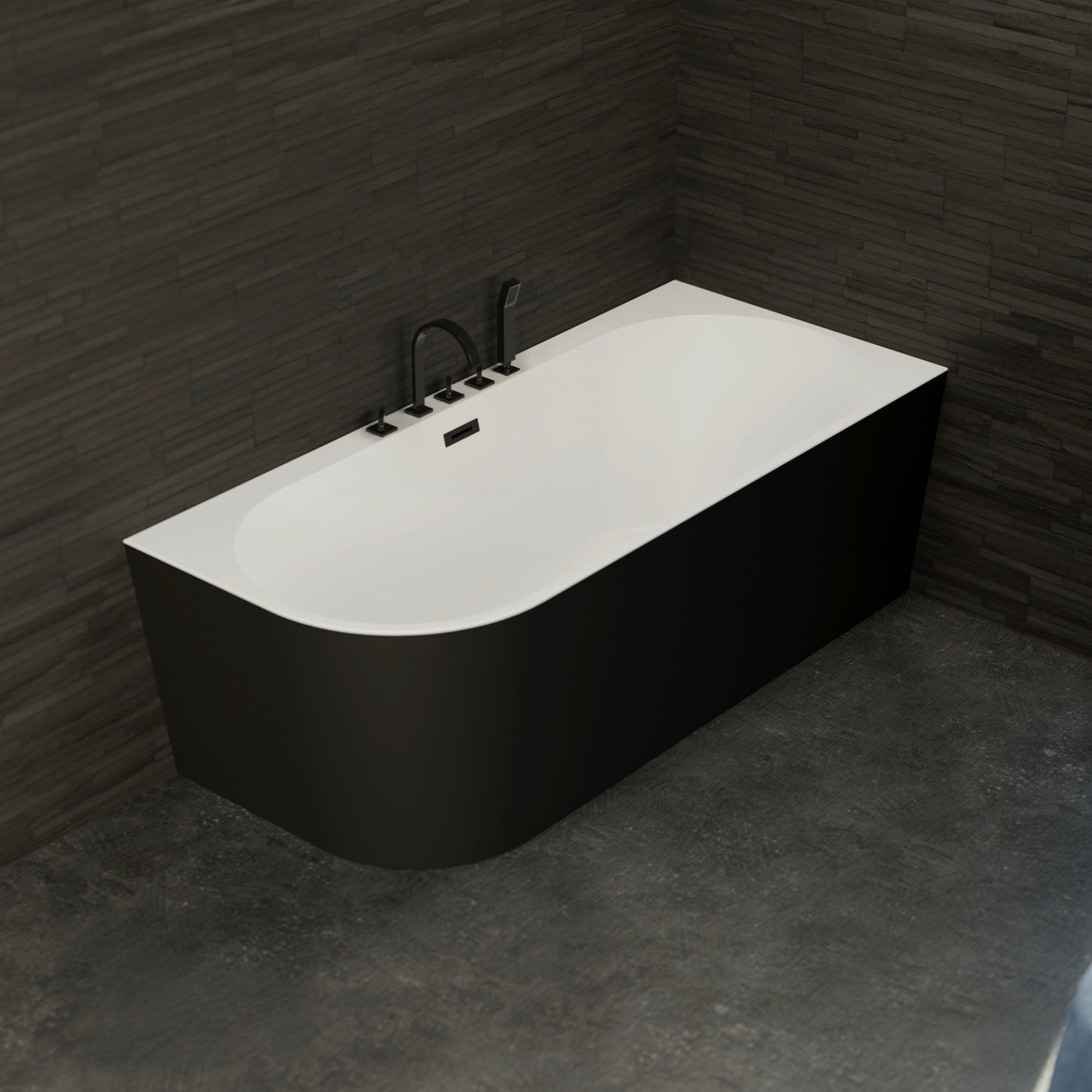 Baignoire semi-îlot droite noire 170 cm Capri avec robinetterie noire mate / Corner half-freestanding bath right 170 cm Capri with matt black fittings / Bañera semi-exenta mural derecha 170 cm Capri con grifería negro mate / Vasca freestanding a parete destra 170 cm Capri con rubinetteria nera opaca / Half vrijstaand bad rechts 170 cm Capri met matzwart fittingen 
