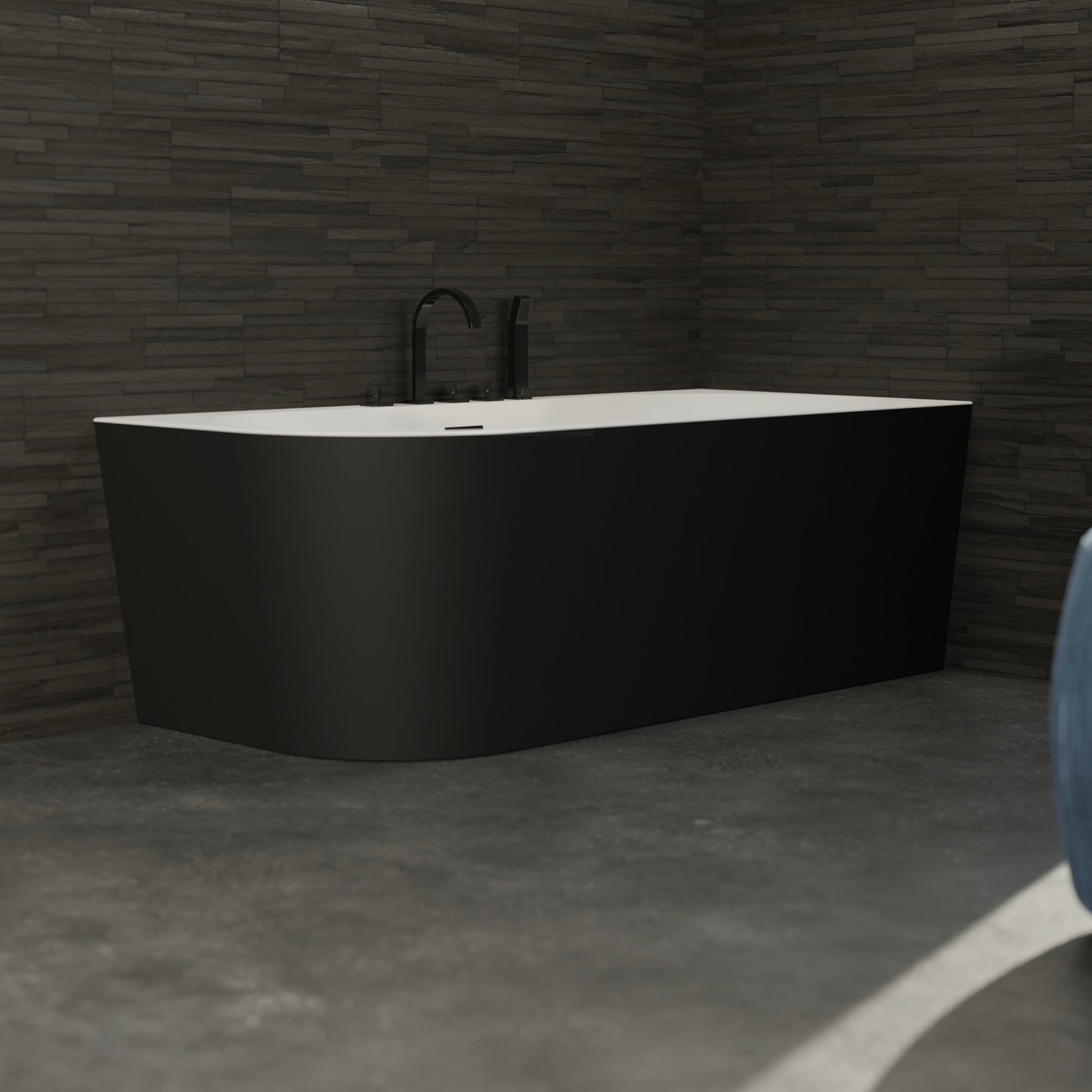 Baignoire semi-îlot droite noire 170 cm Capri avec robinetterie noire mate / Corner half-freestanding bath right 170 cm Capri with matt black fittings / Bañera semi-exenta mural derecha 170 cm Capri con grifería negro mate / Vasca freestanding a parete destra 170 cm Capri con rubinetteria nera opaca / Half vrijstaand bad rechts 170 cm Capri met matzwart fittingen 