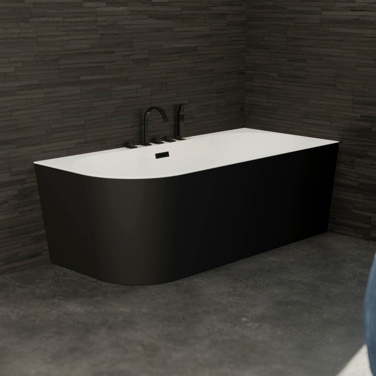 Baignoire semi-îlot droite noire 170 cm Capri avec robinetterie noire mate / Corner half-freestanding bath right 170 cm Capri with matt black fittings / Bañera semi-exenta mural derecha 170 cm Capri con grifería negro mate / Vasca freestanding a parete destra 170 cm Capri con rubinetteria nera opaca / Half vrijstaand bad rechts 170 cm Capri met matzwart fittingen 