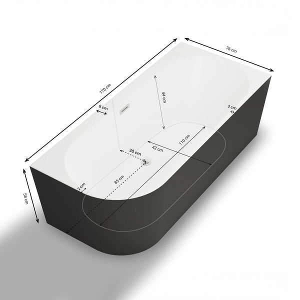 Baignoire semi-îlot murale d’angle Capri 170 cm noire Spalina version droite – vue produit